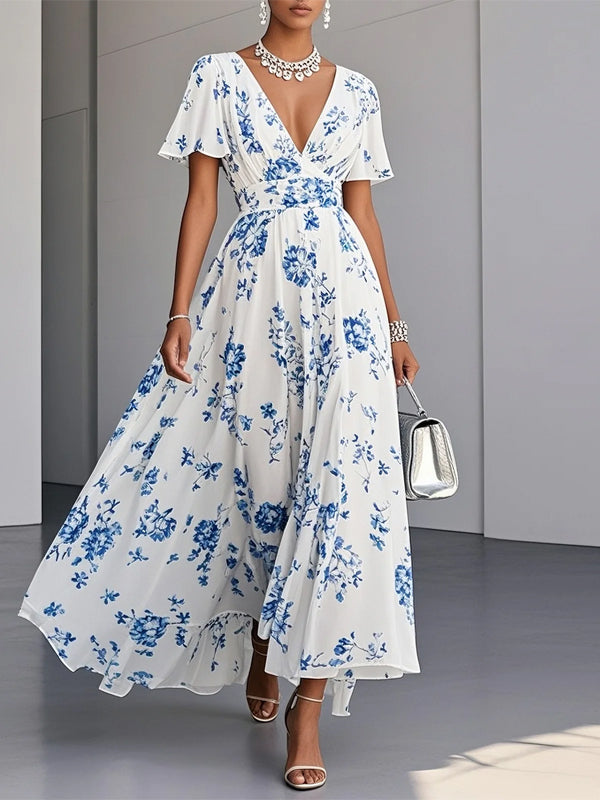 Blue Floral Chiffon V Neck Short Sleeve A-Line Maxi Dress