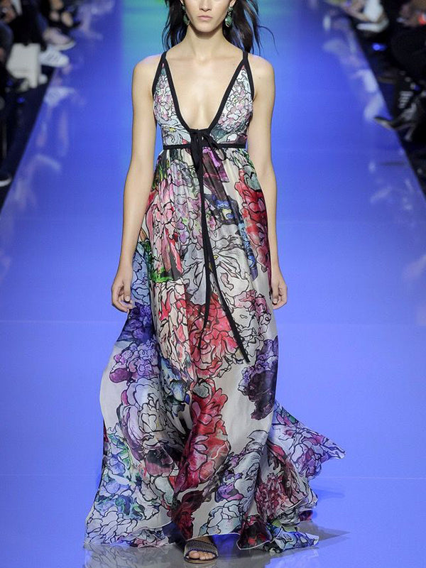 Colorful Printed Suspenders Maxi Dress