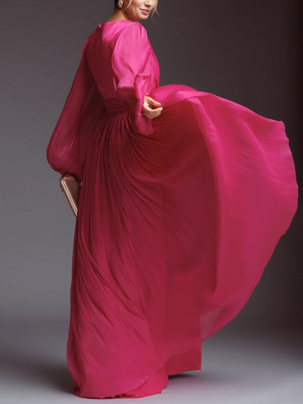 V-neck Long Sleeve Solid Color Maxi Dress