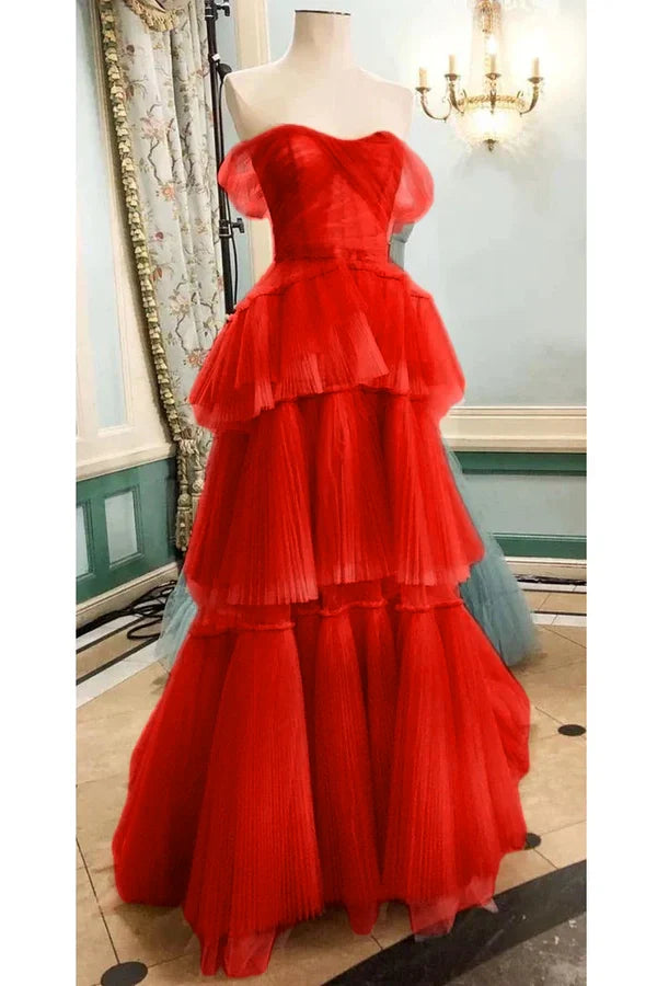 Off The Shoulder Tulle Tiered Long Prom Dress, A Line Evening Gown   cg24857
