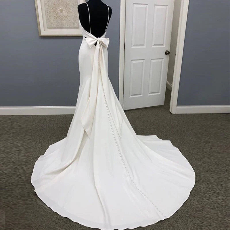 Ivory Satin Spaghetti Straps Open Back Sweet Train Wedding Dress, Formal Prom Dress cg5690