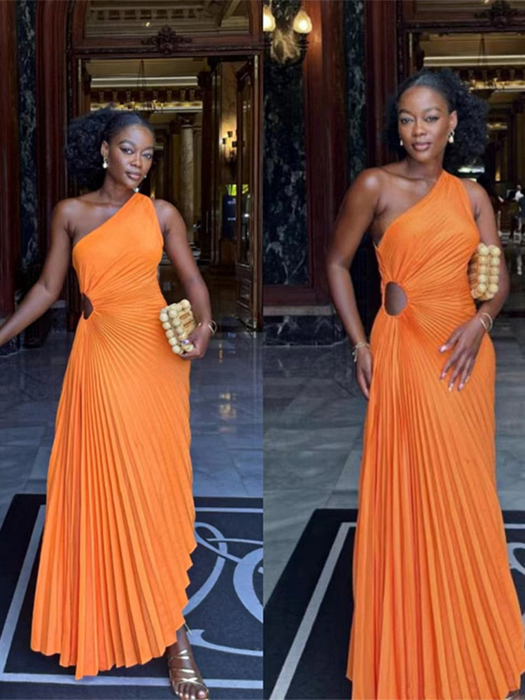 loveedsTM-Lady Roll Waist Sleeveless Pleated Ruched A-line Dress Women One Shoulder Sexy Prom Evening Dresses New Fahion Chothing