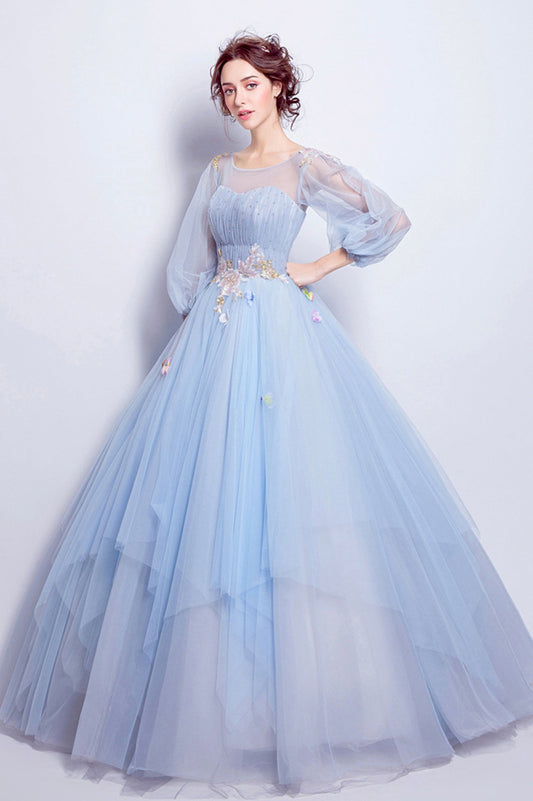 Blue Tulle Long A-Line Prom Dress, Long Sleeve Lace Formal Gown