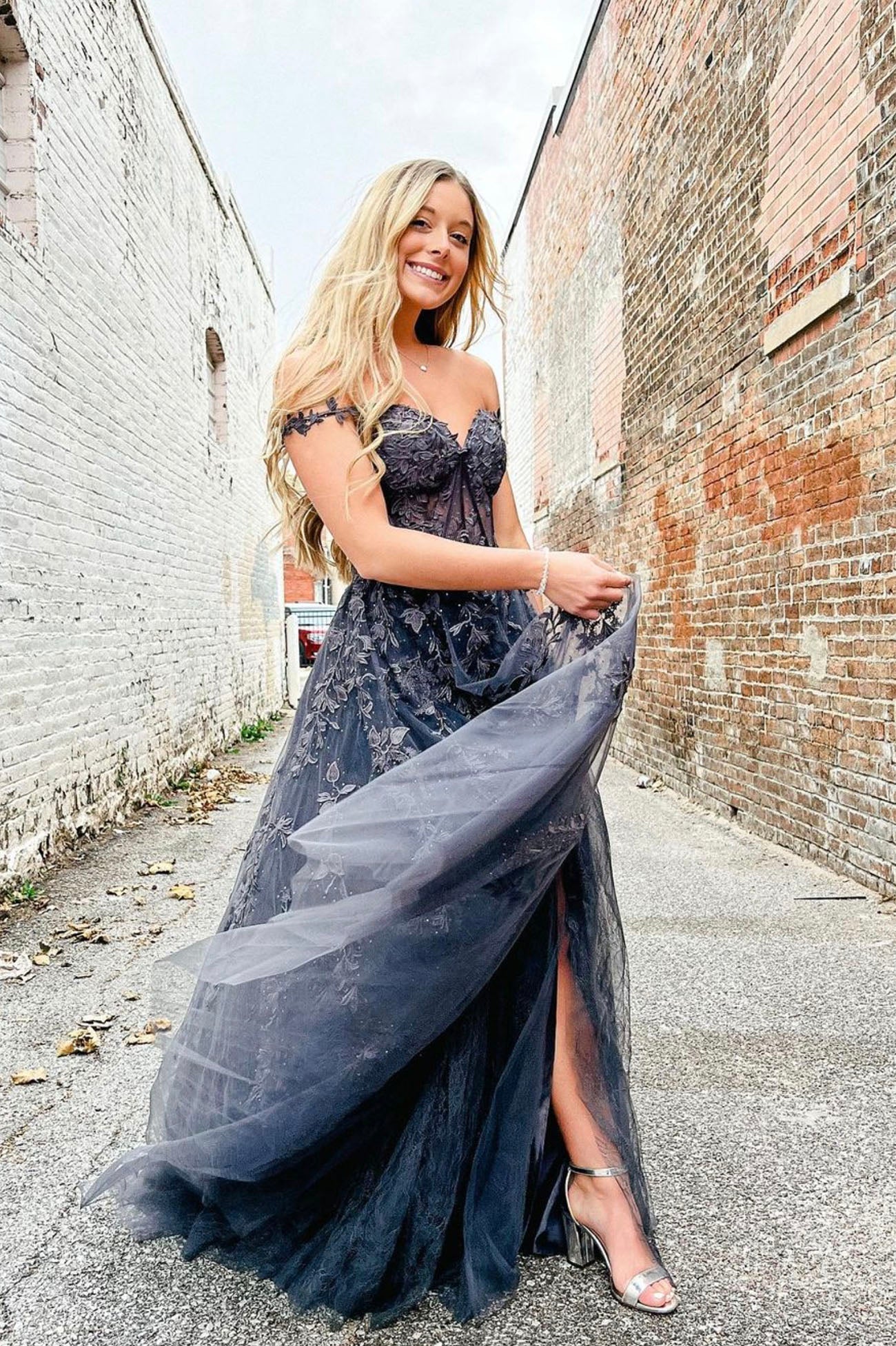 Black Off the Shoulder Lace Long Prom Dress, A-Line Tulle Evening Dress with Slit