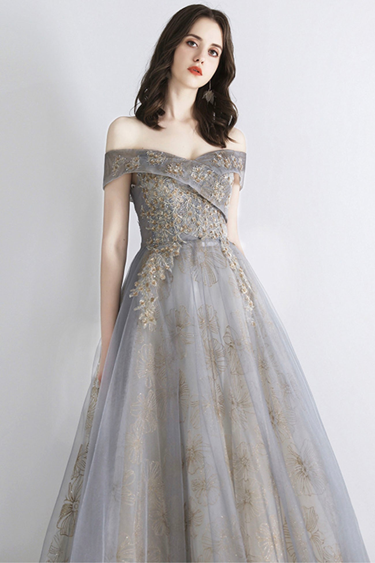 Gray tulle sequins long prom dress evening dress  10639