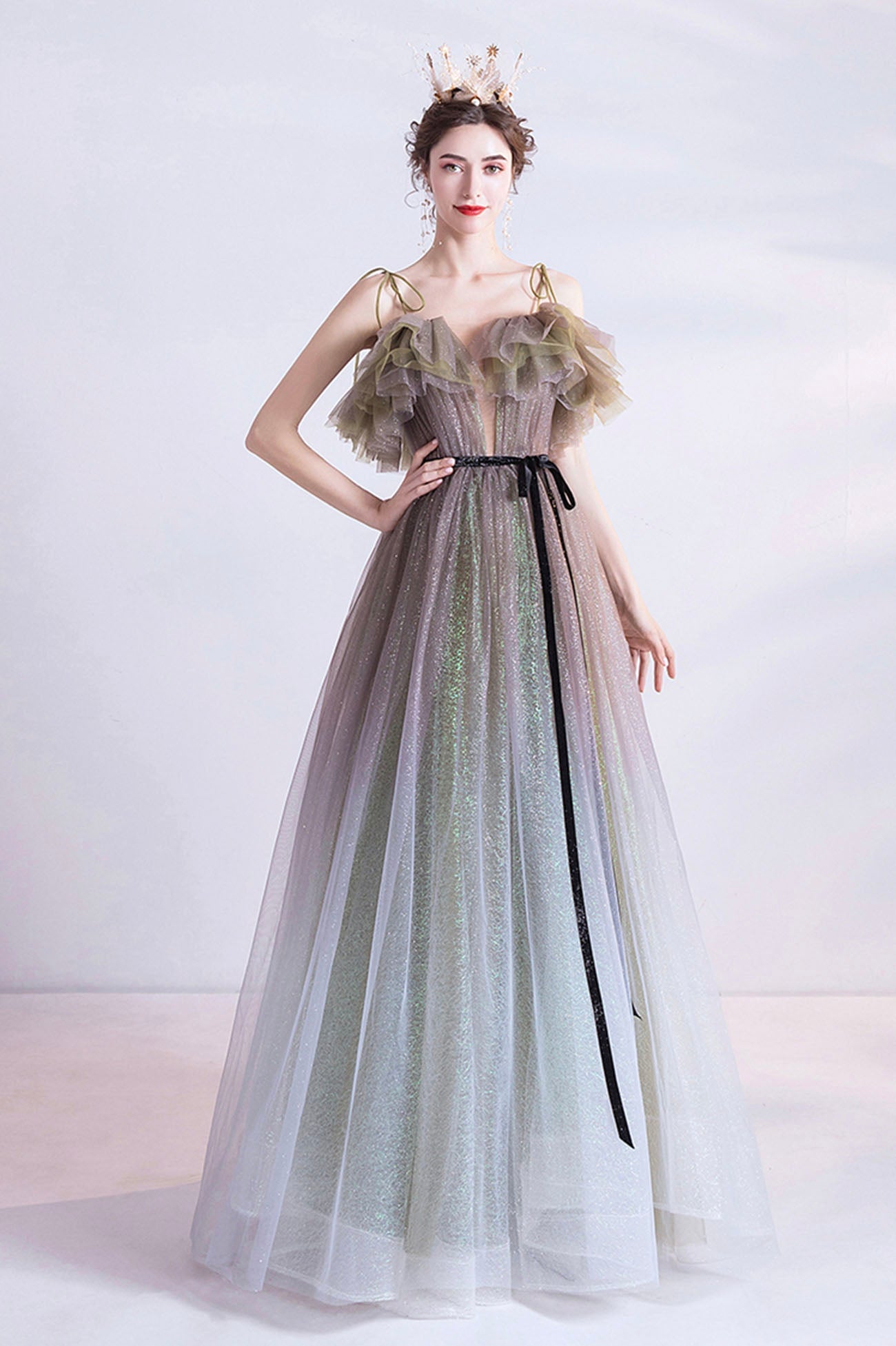 Gray green tulle sequins long prom dress evening dress  10616