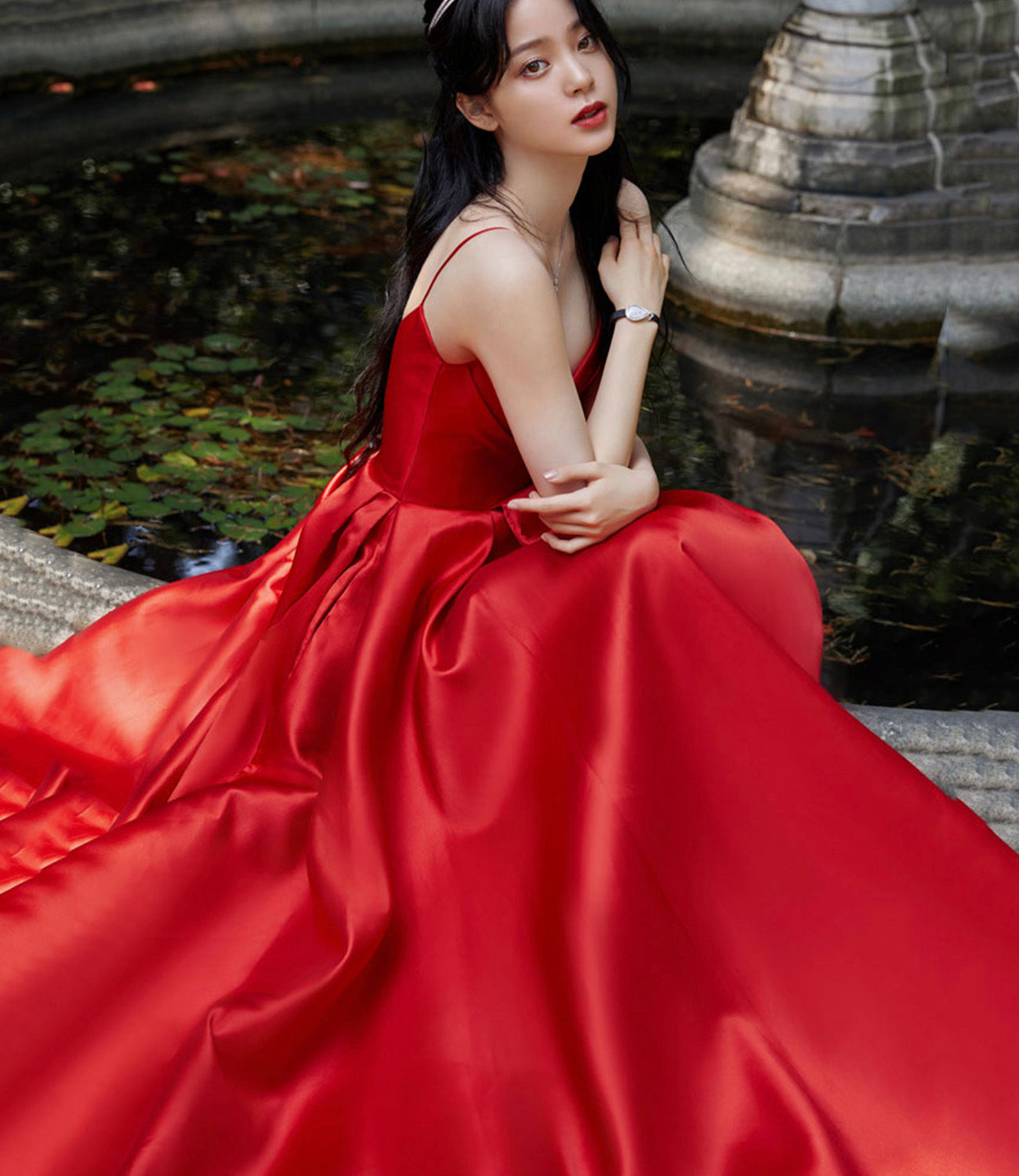 Red satin long prom dress A line evening dress  10567