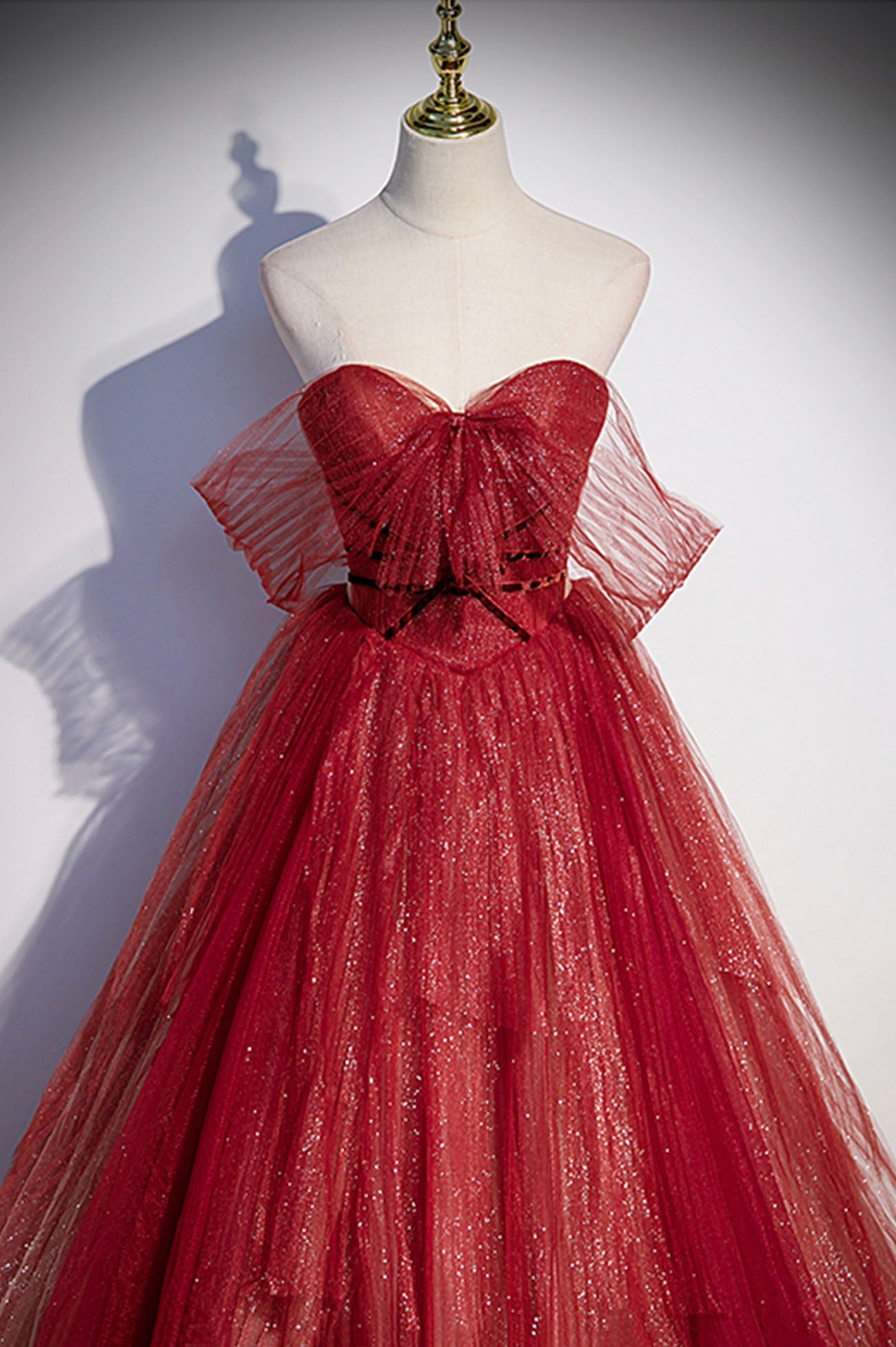 Burgundy tulle sequins long prom dress A line evening gown  10632
