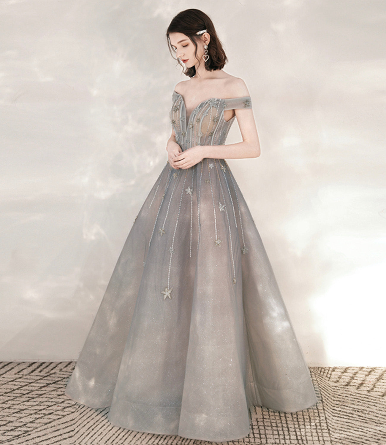 Gray tulle sequins long prom dress with star  10545