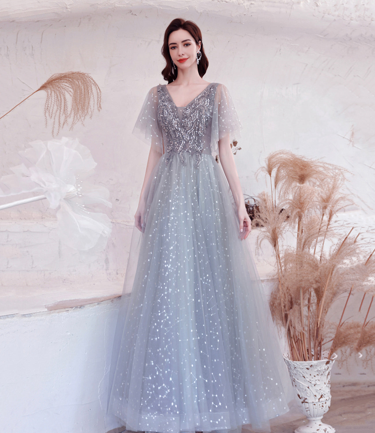 Gray tulle sequins long prom dress A line evening dress  10528