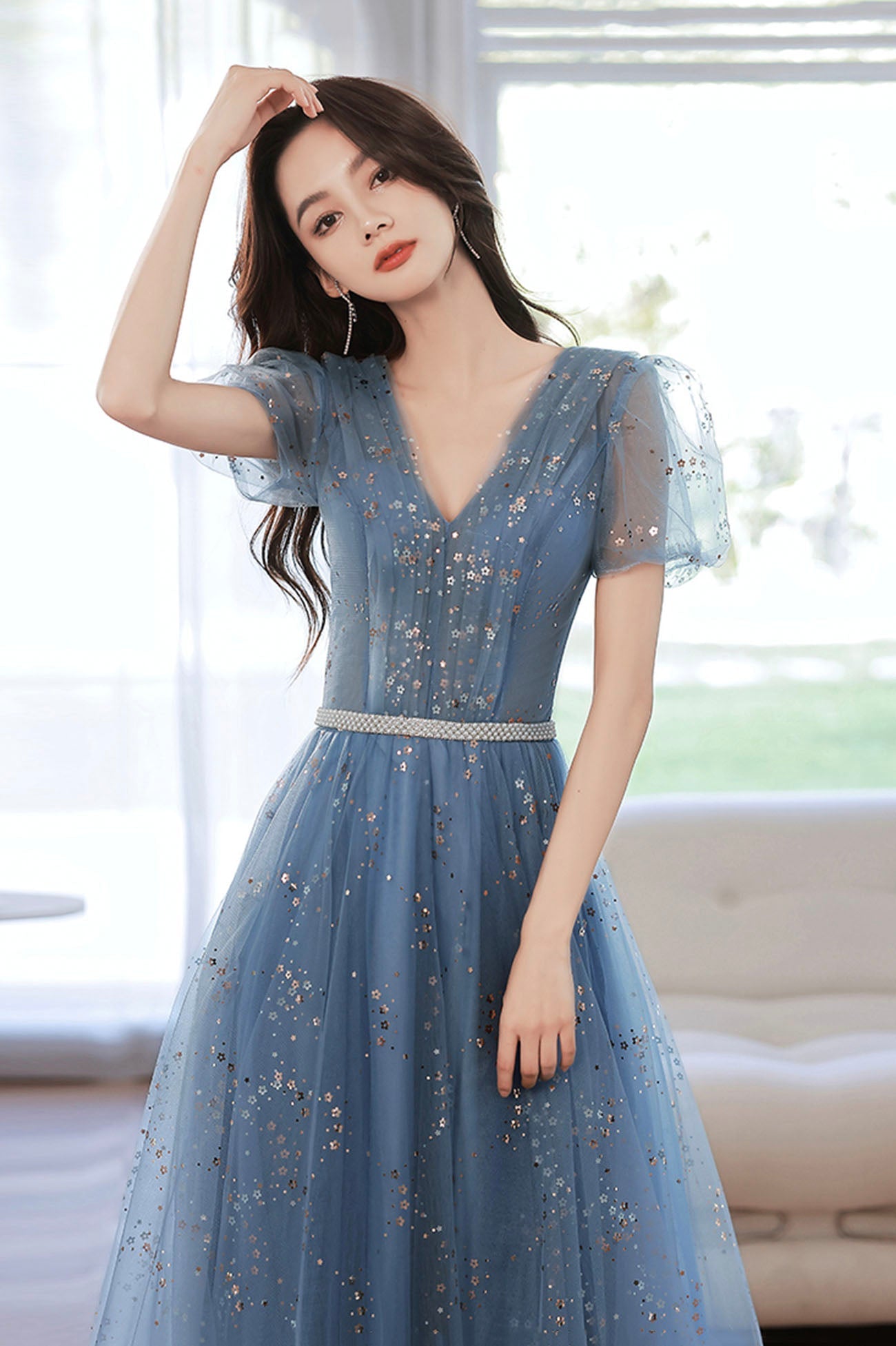 Blue tulle sequins long prom dress blue evening dress 10607