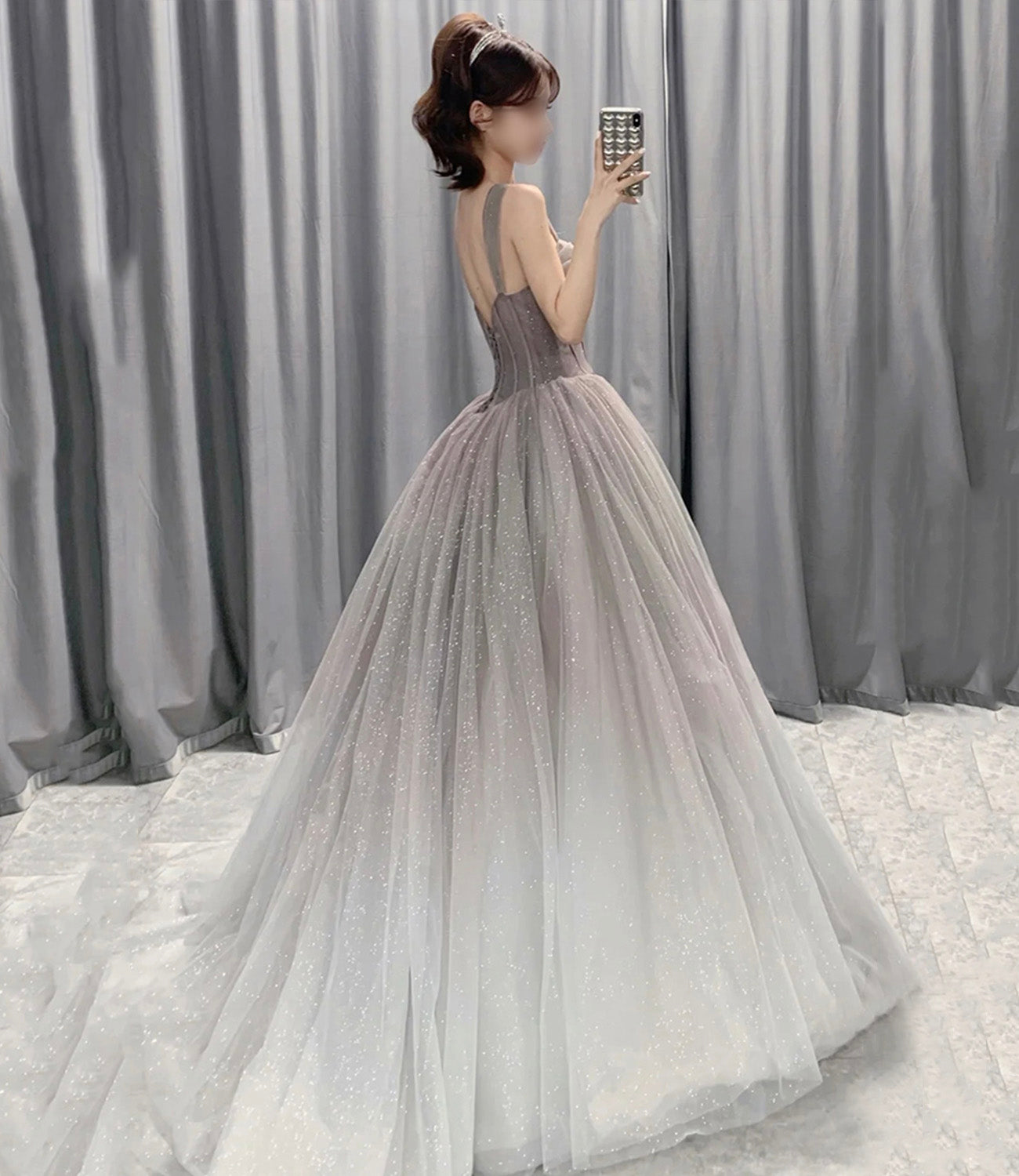 Gray tulle sequins long prom dress A line evening gown  10564