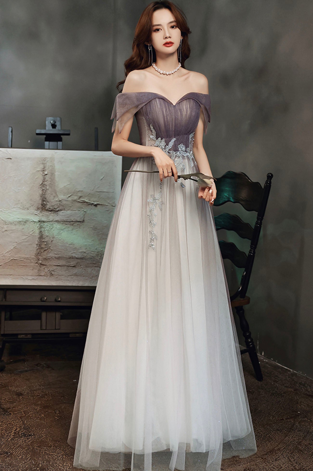 Purple tulle sequins long prom dress A line evening dress 10644