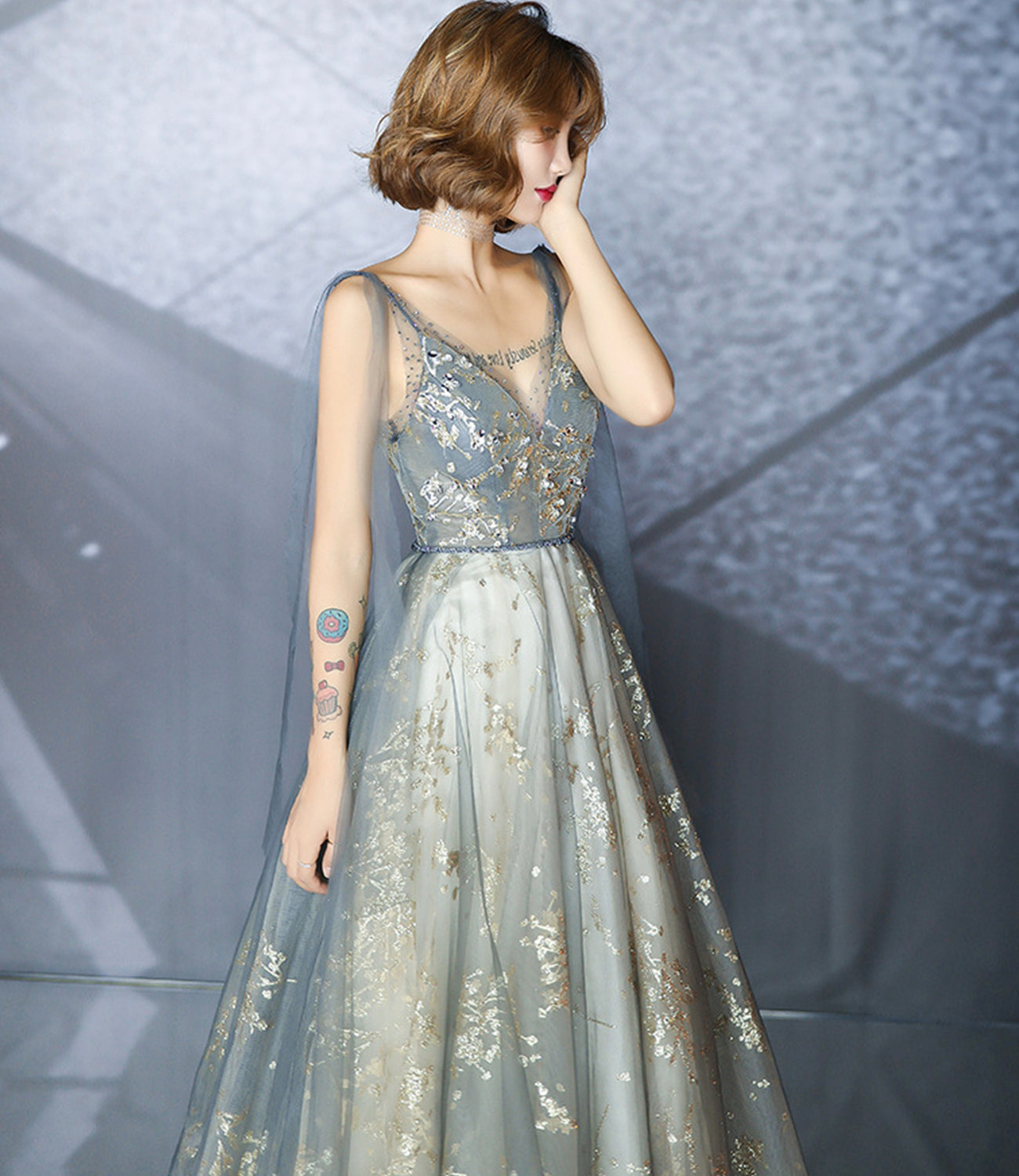 Gray tulle sequins long prom dress A line evening gown  10492
