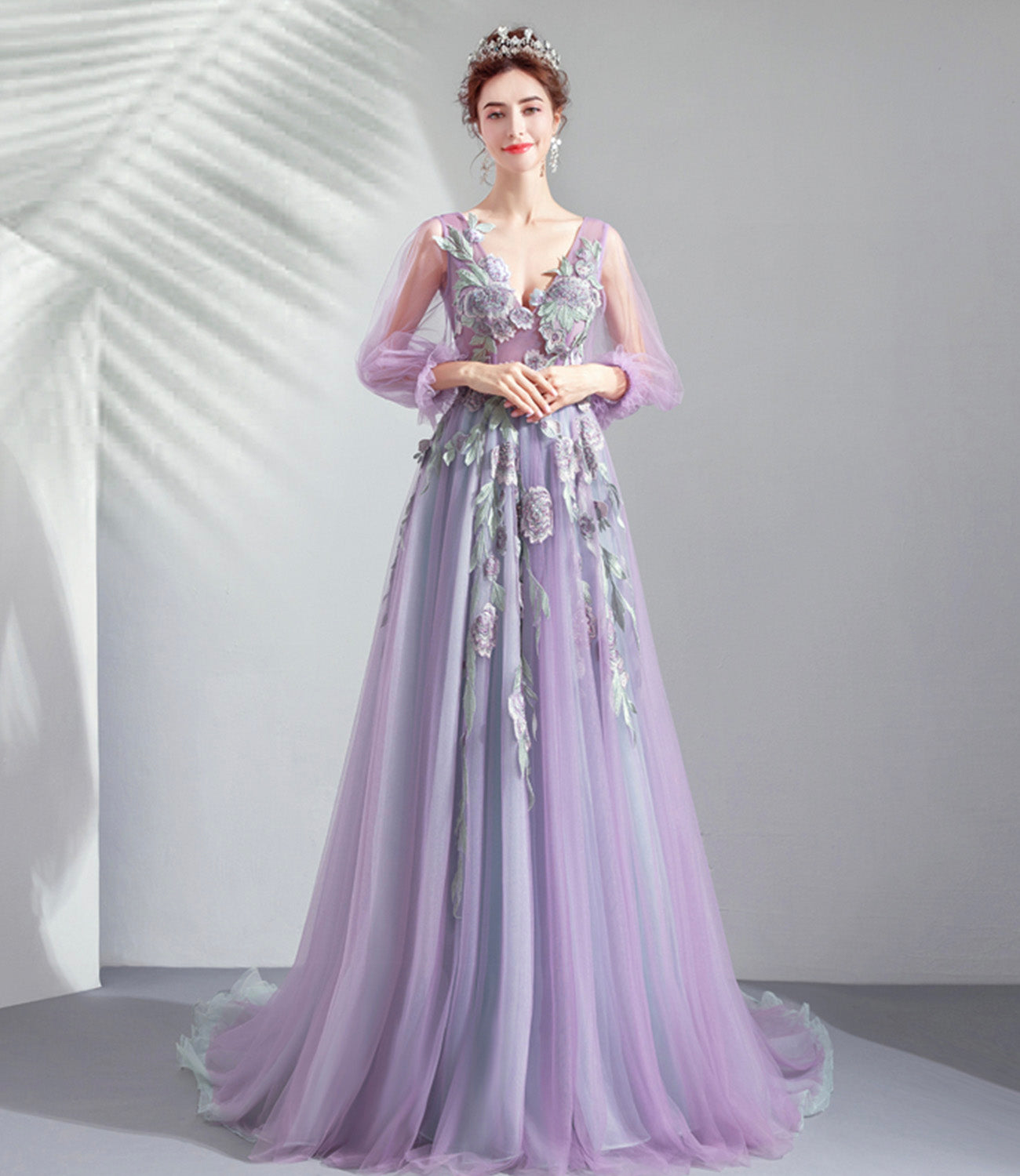 Purple tulle lace long prom dress A line evening dress 10552