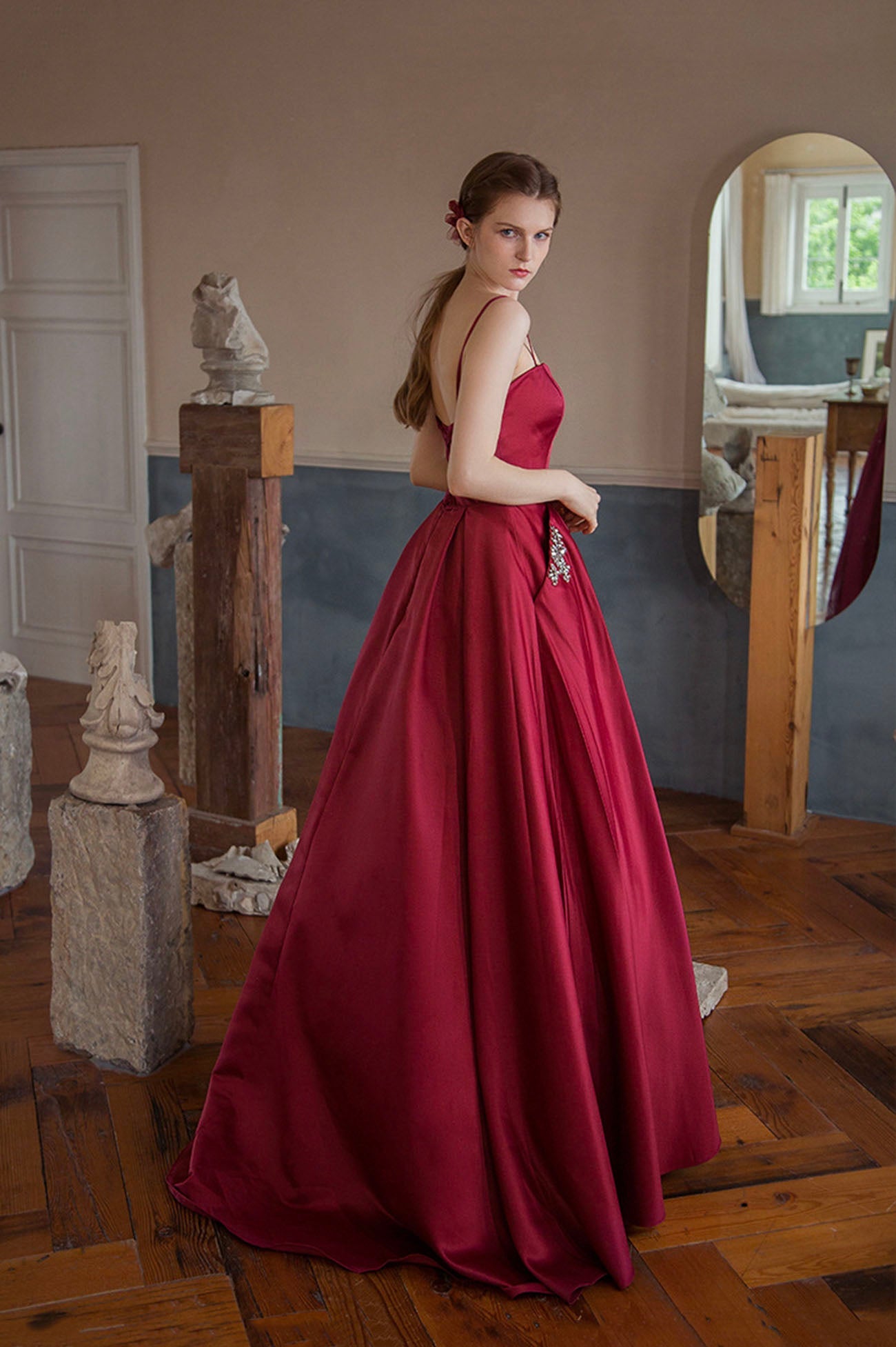 Red satin long A line prom dress red evening dress  10594