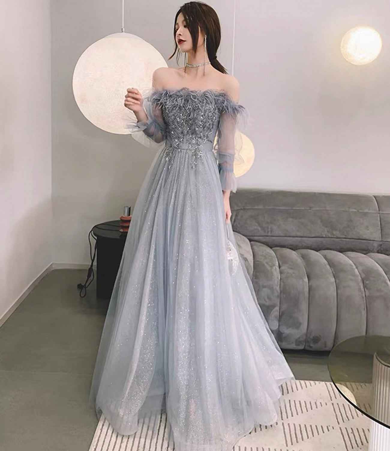 Gray tulle sequins long prom dress A line evening dress  10559