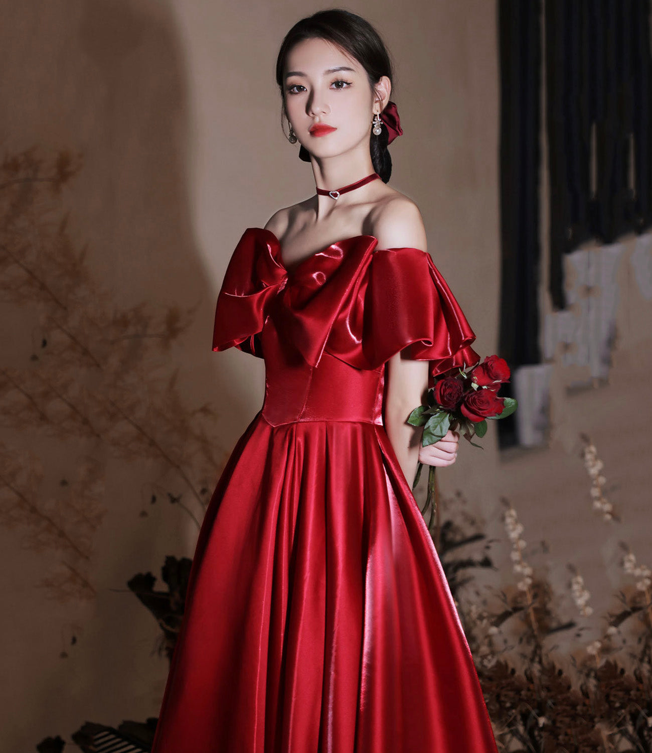 Red satin long prom dress A line evening dress  10582