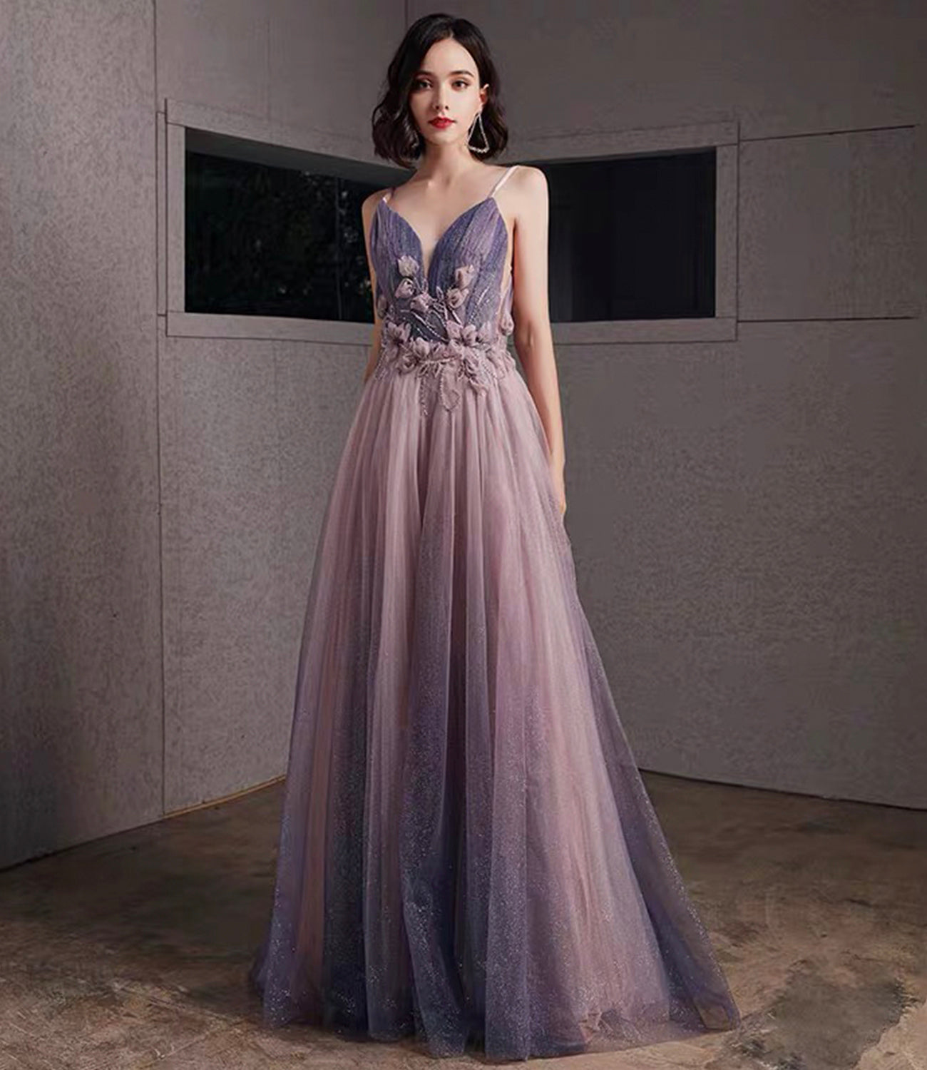 Purple tulle sequins long prom dress A line evening gown 10480