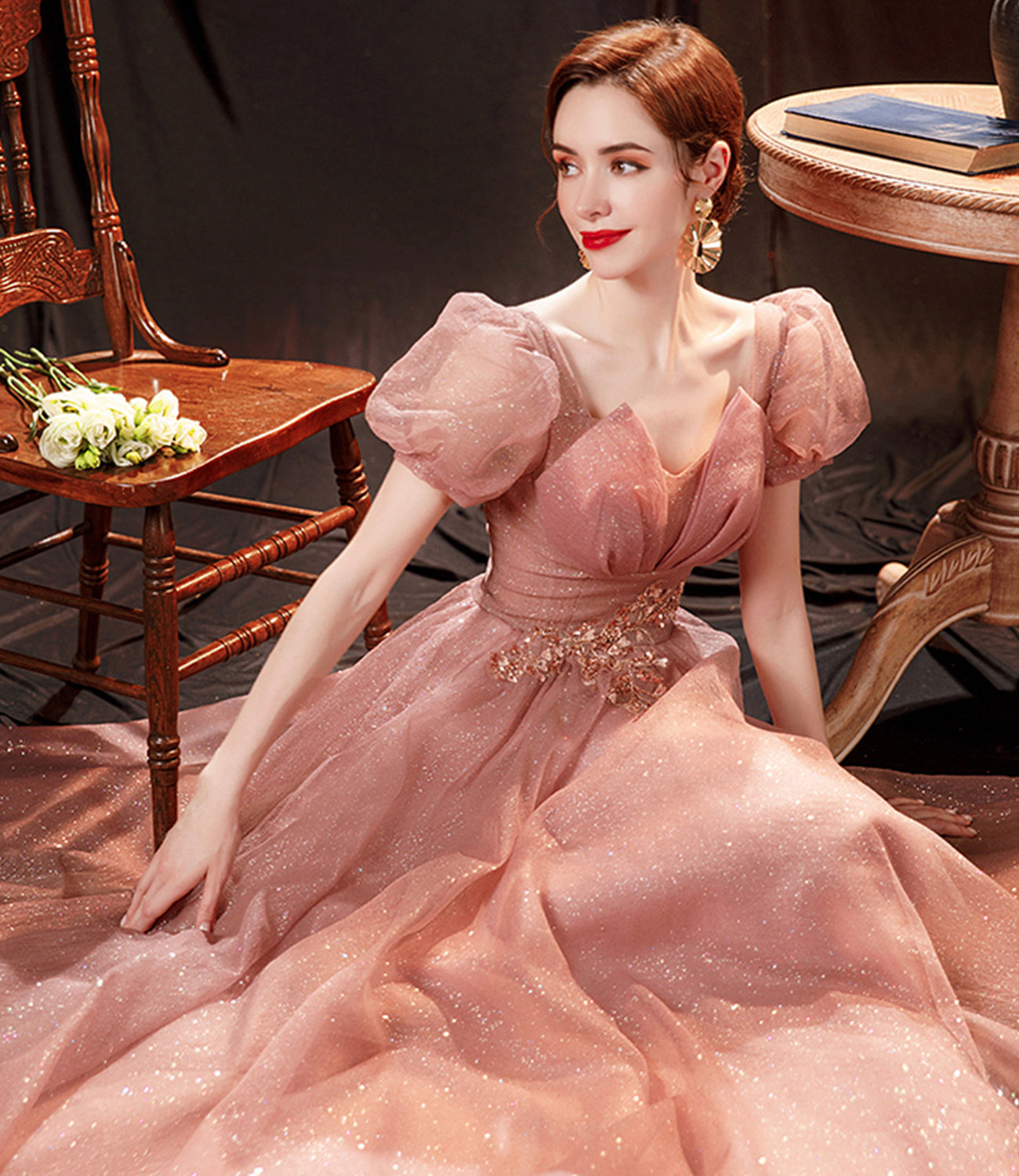 Pink tulle sequins long prom dress pink evening dress  10650