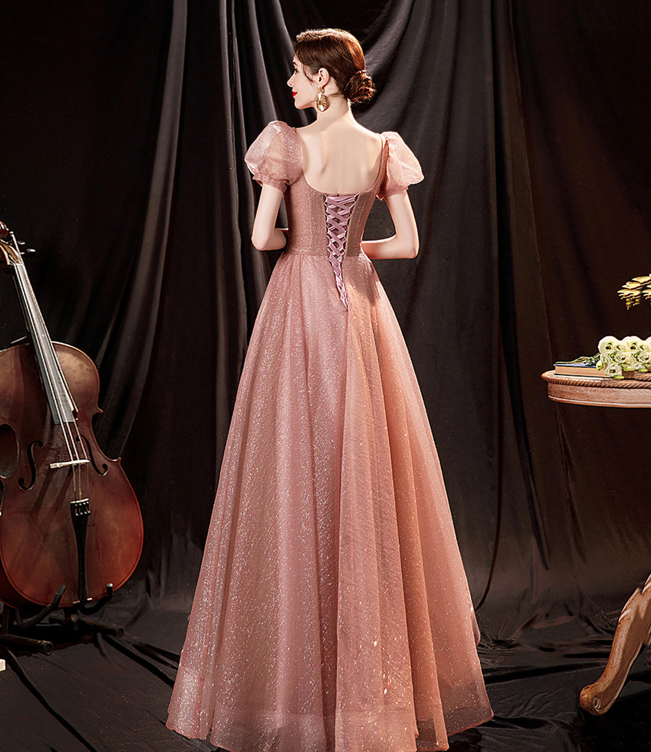 Pink tulle sequins long prom dress pink evening dress  10650