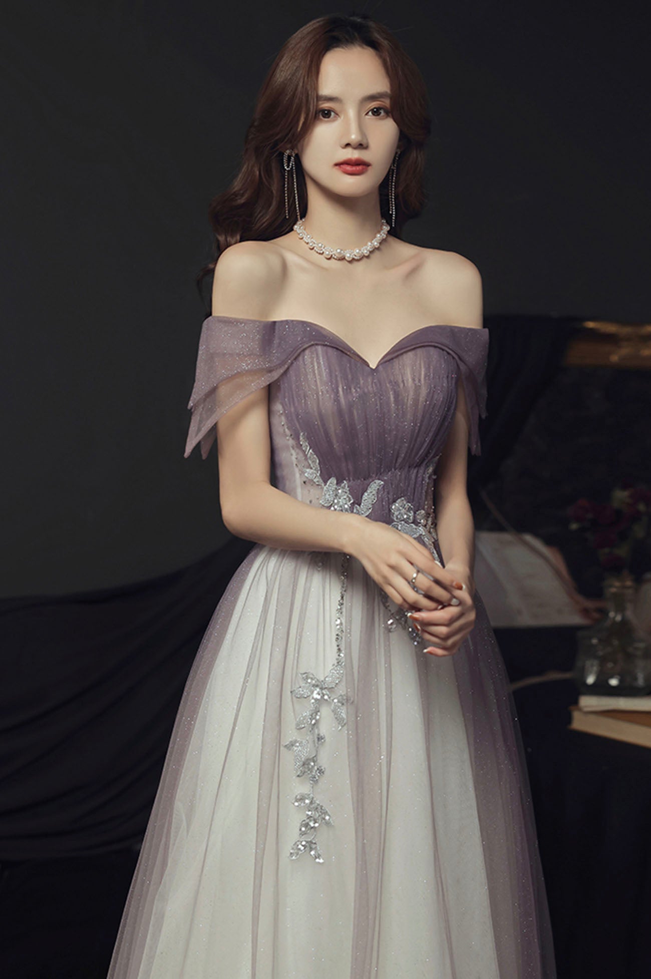 Purple tulle sequins long prom dress A line evening dress 10644