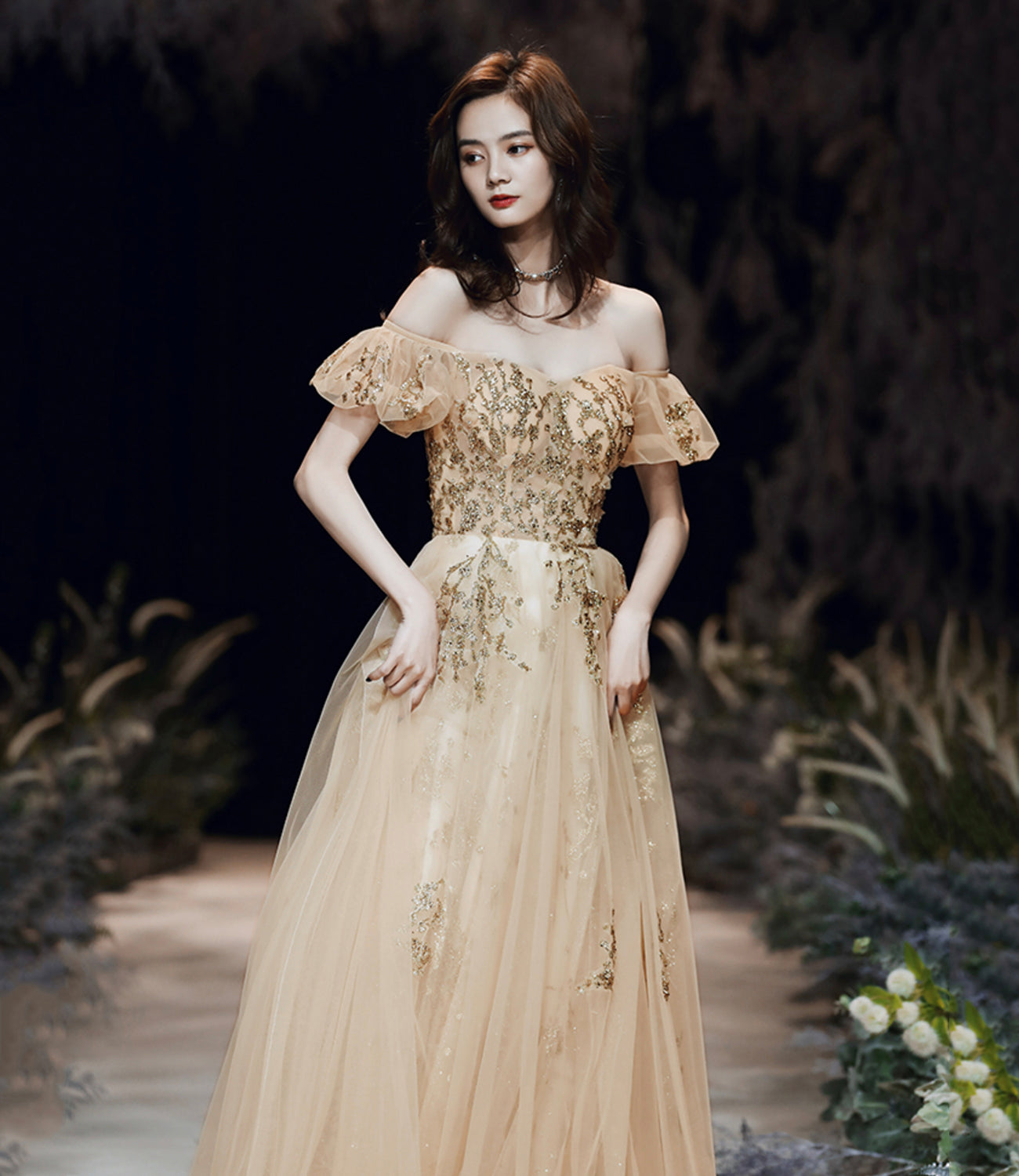 Gold sequins long prom dress A line evening dress  10484