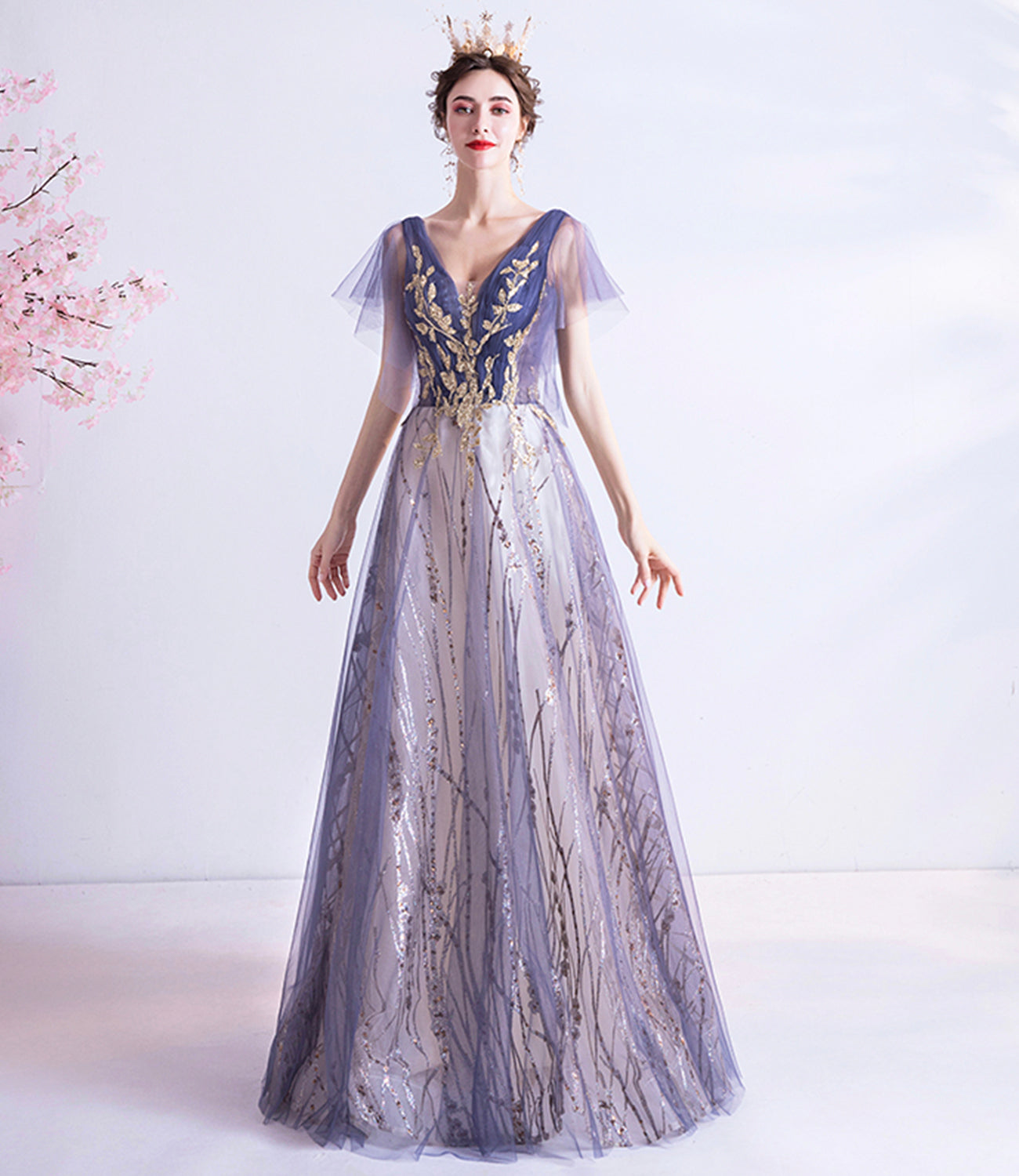 Purple tulle sequins long prom dress A line evening dress 10510