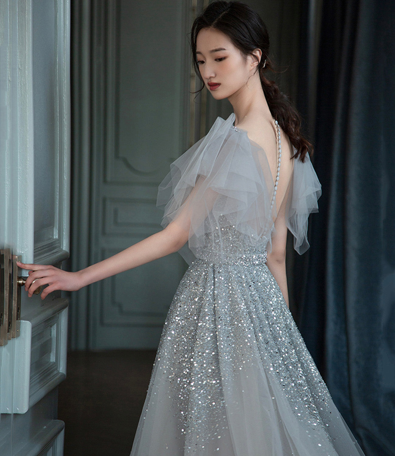Gray tulle sequins long prom dress A line evening dress  10574