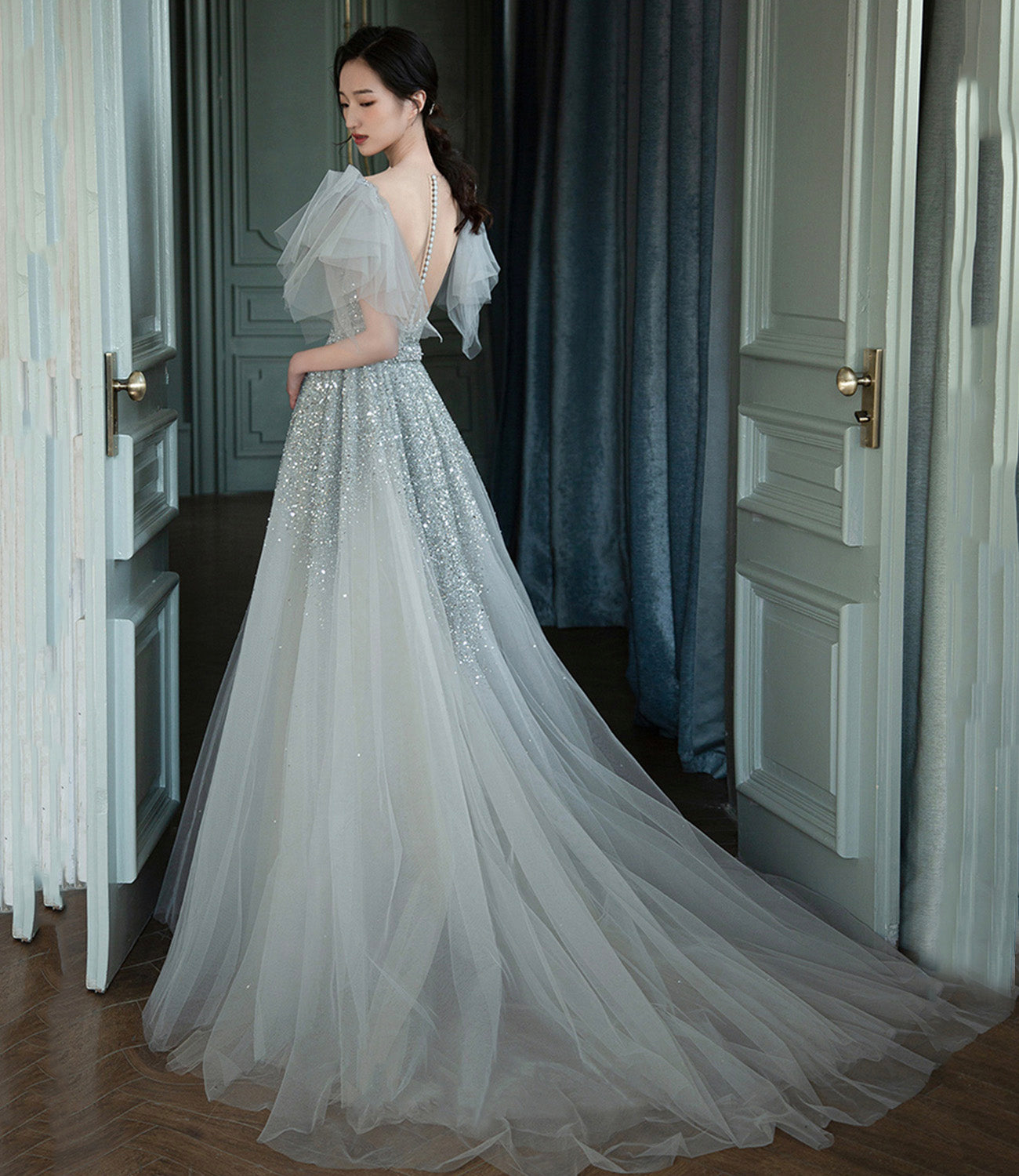 Gray tulle sequins long prom dress A line evening dress  10574