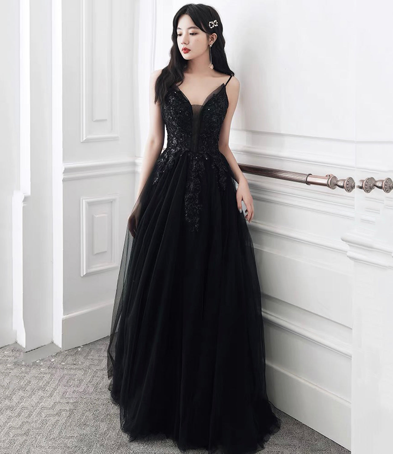 Black tulle sequins long prom dress evening dress 10391