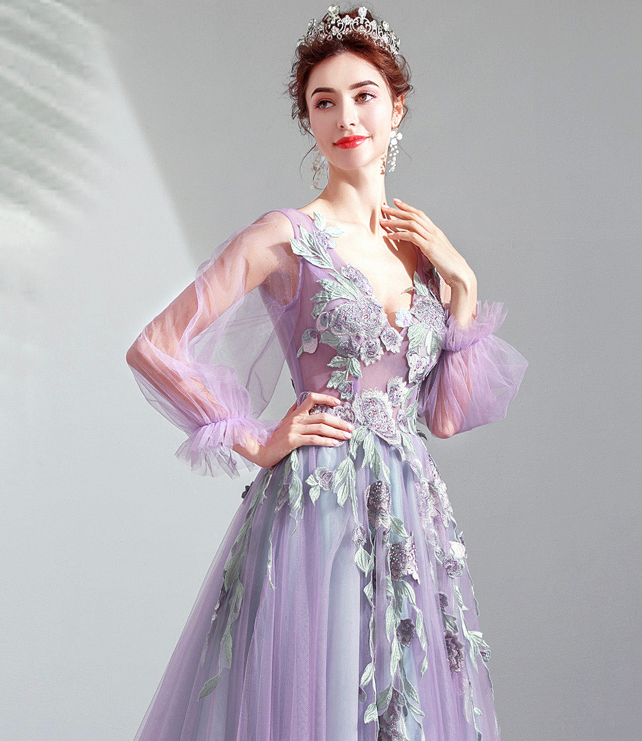 Purple tulle lace long prom dress A line evening dress 10552
