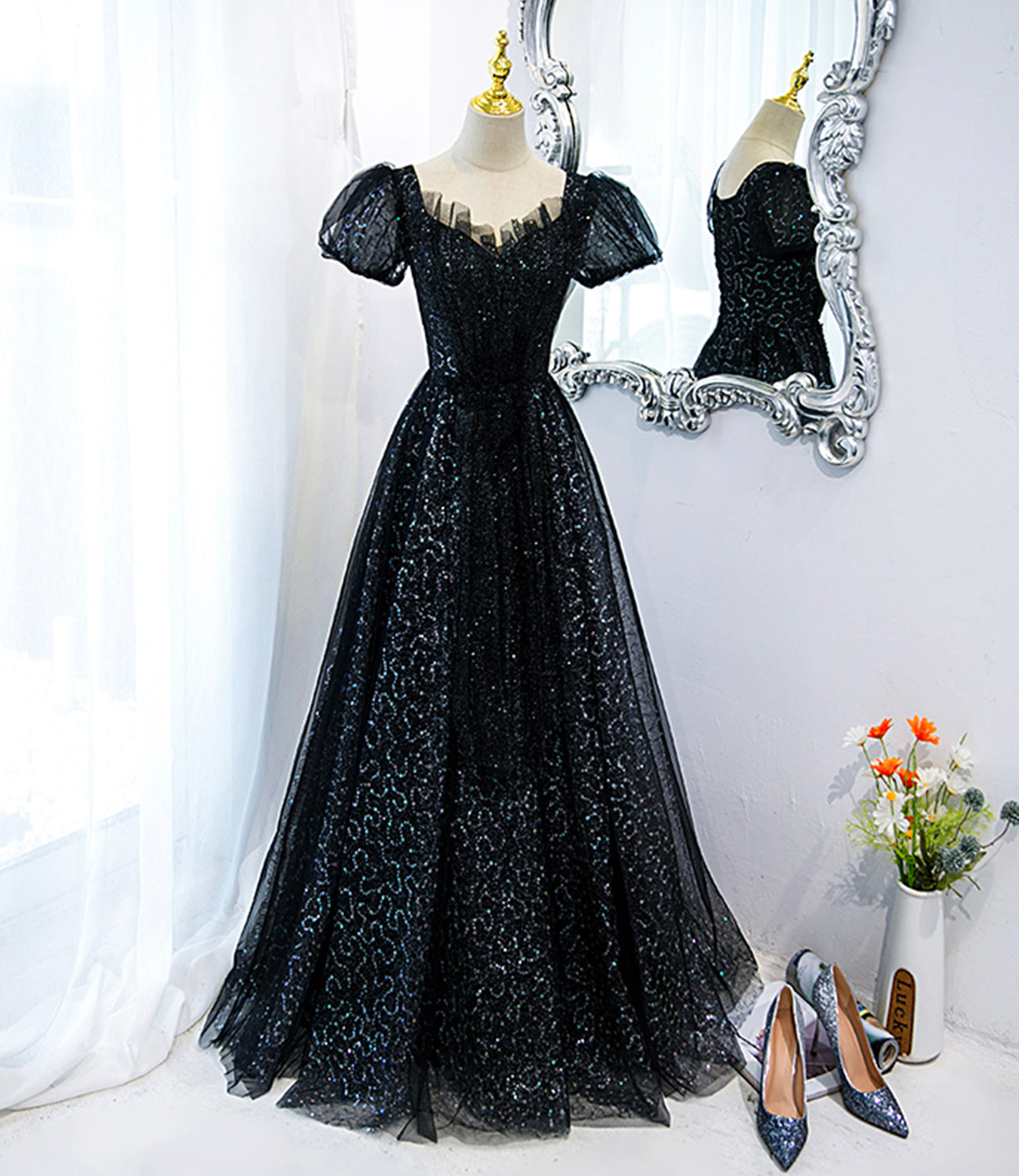 Black tulle sequins long prom dress black evening dress 10467