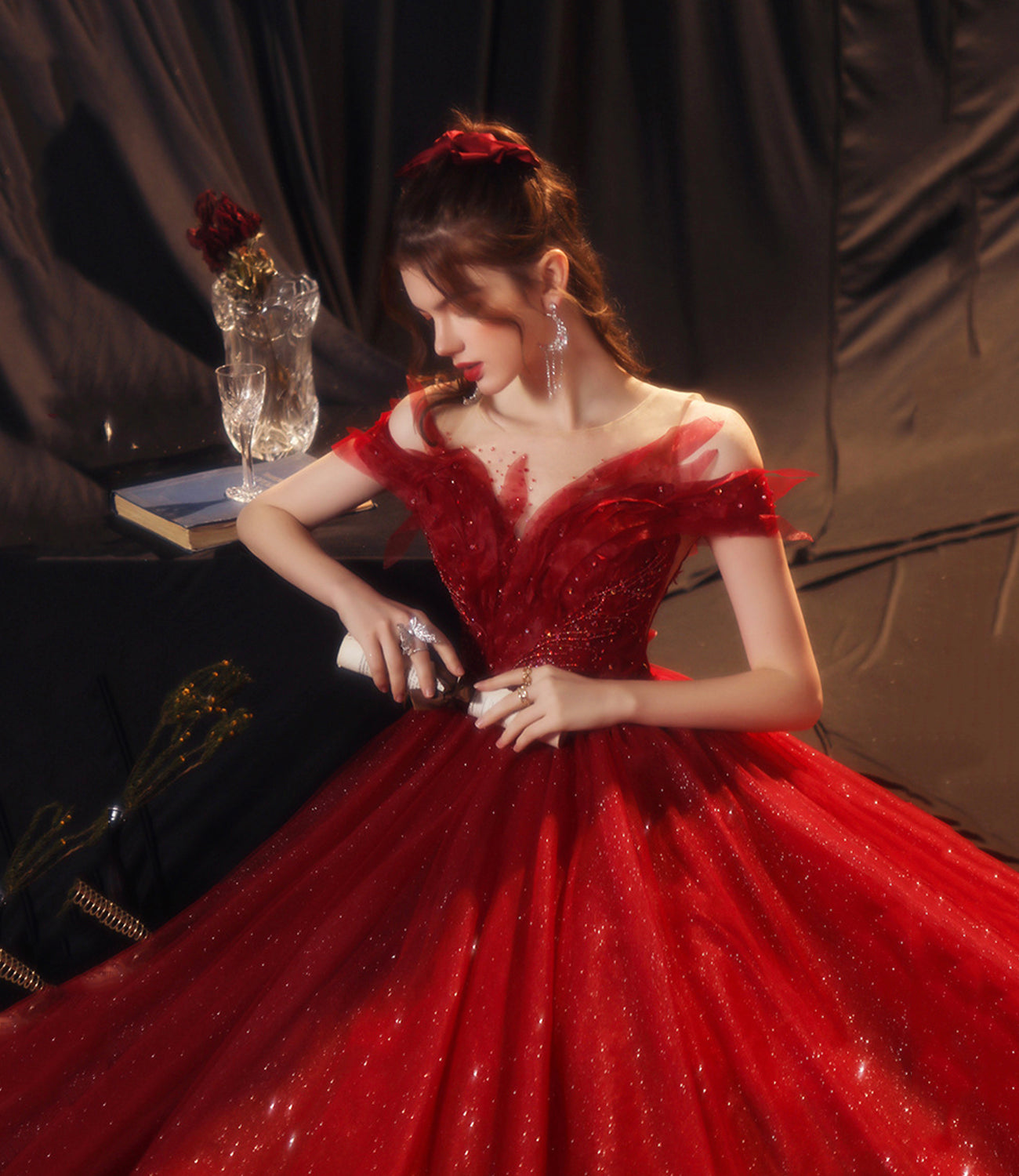 Red tulle sequins long prom dress A line evening gown  10355