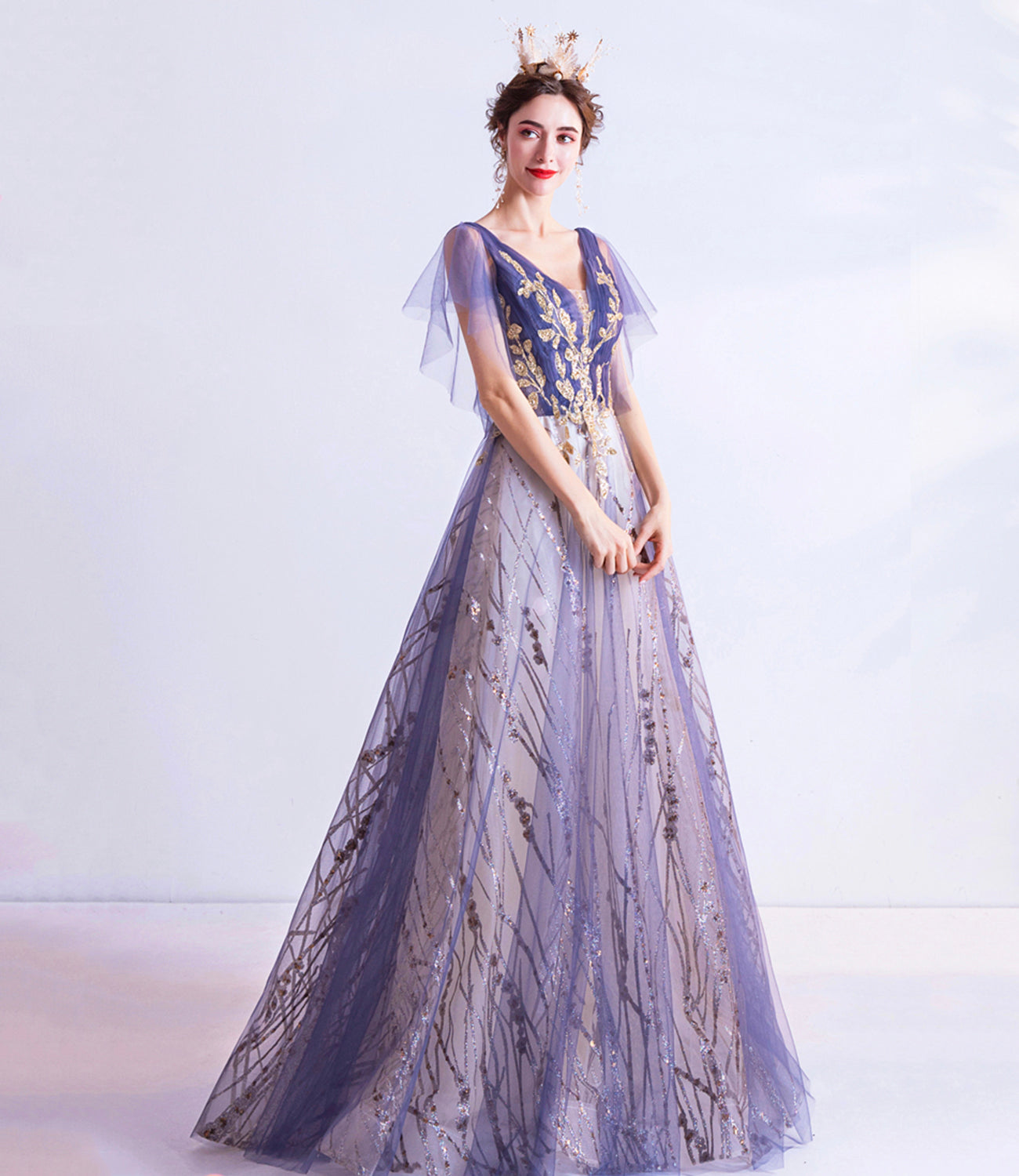 Purple tulle sequins long prom dress A line evening dress 10510