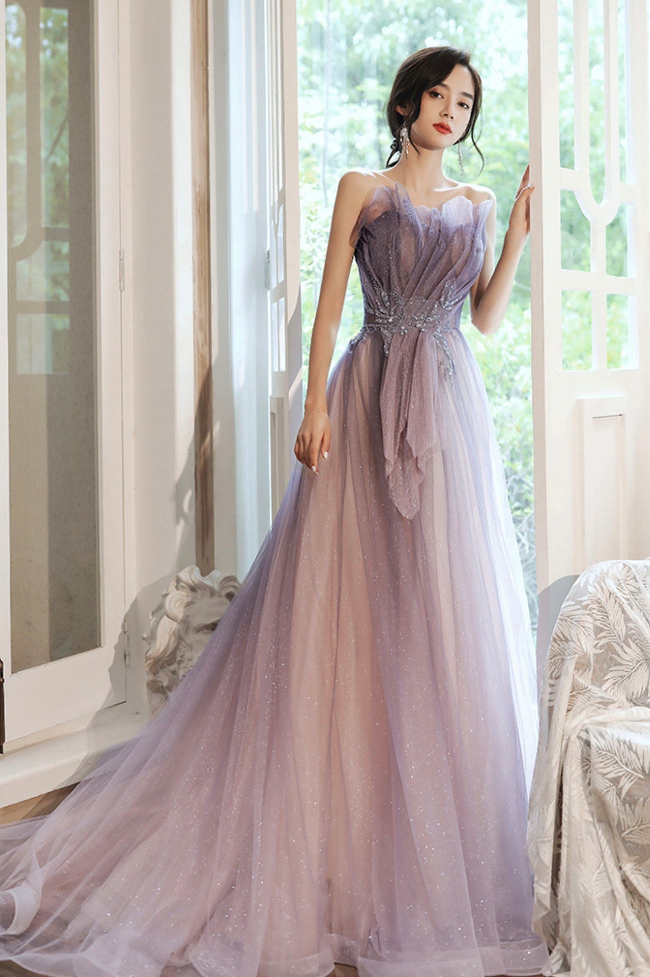 Purple tulle sequins long prom dress evening dress 10624
