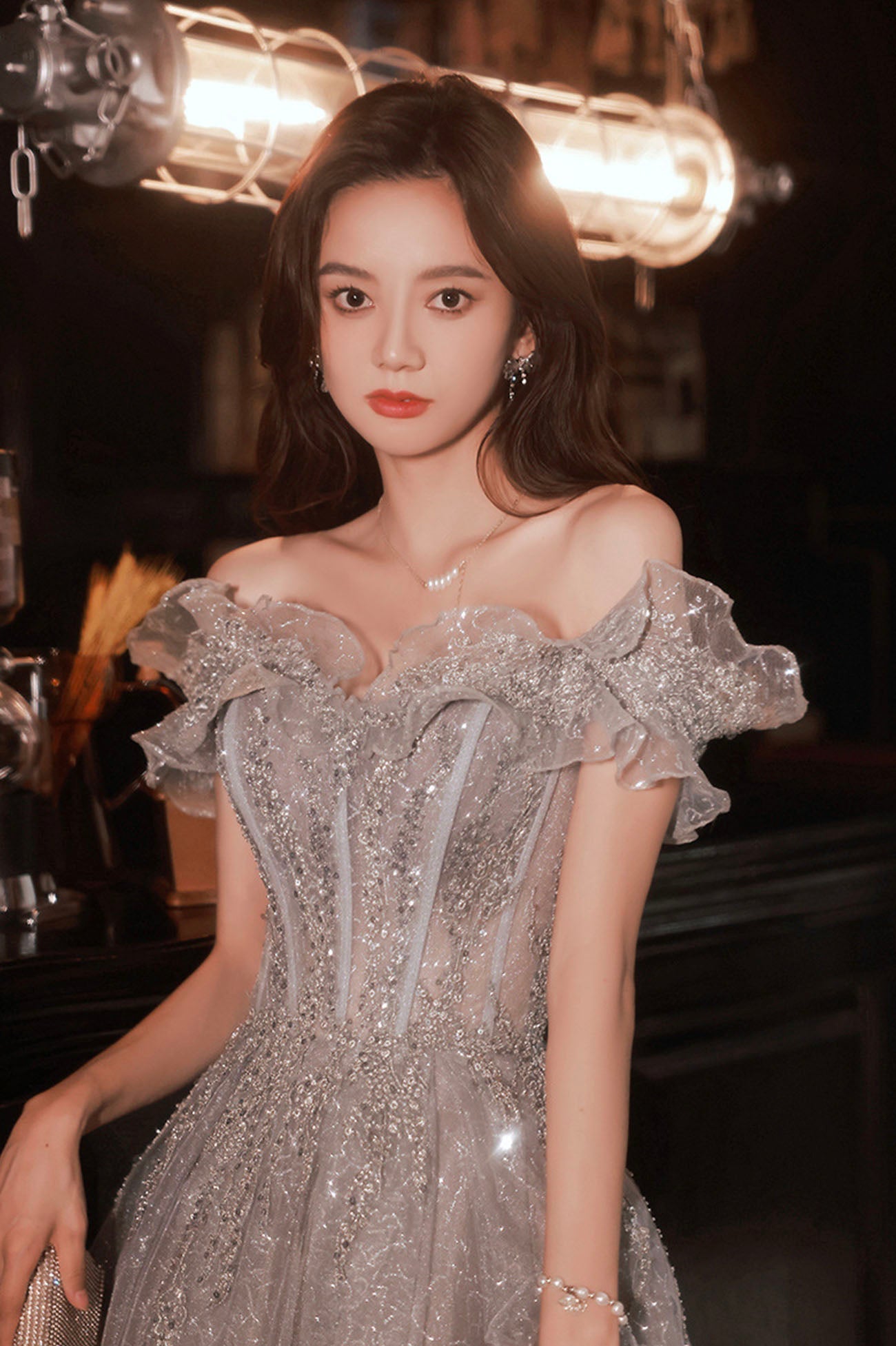 Gray tulle sequins long prom dress A line evening dress  10627