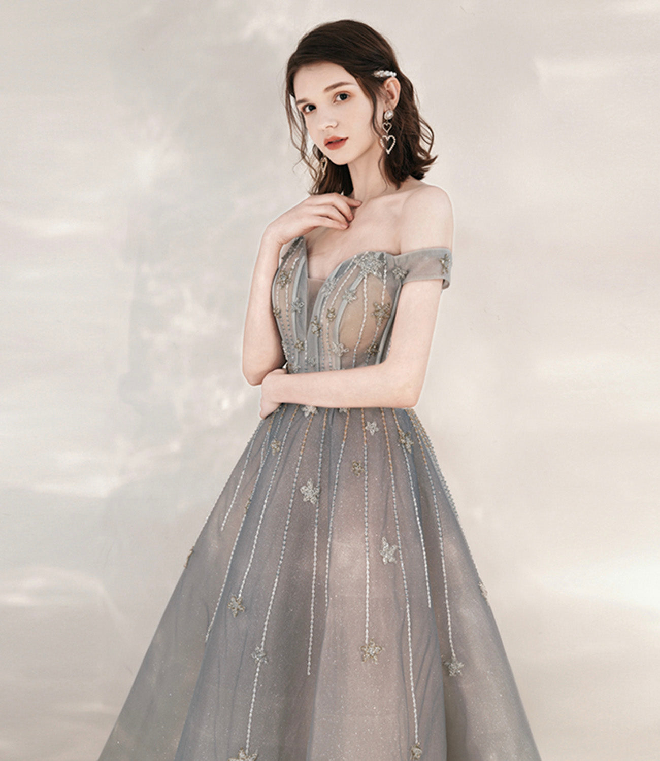 Gray tulle sequins long prom dress with star  10545