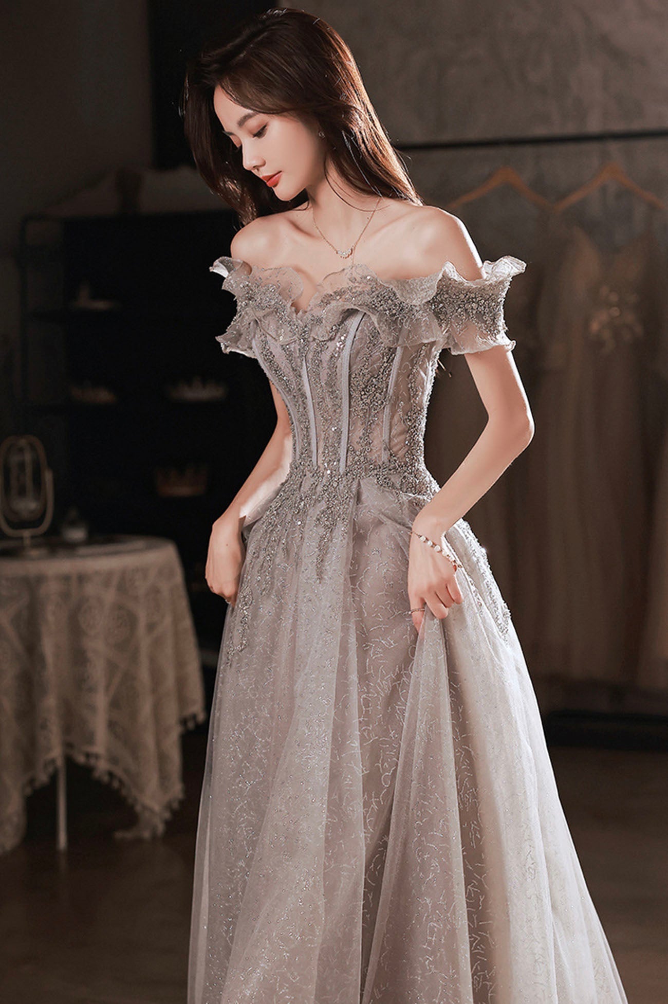 Gray tulle sequins long prom dress A line evening dress  10627