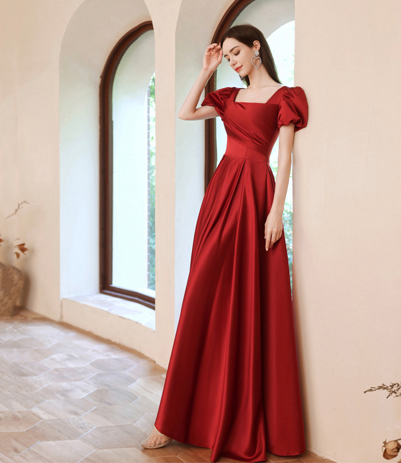 Red satin long A line prom dress red evening dress  10529
