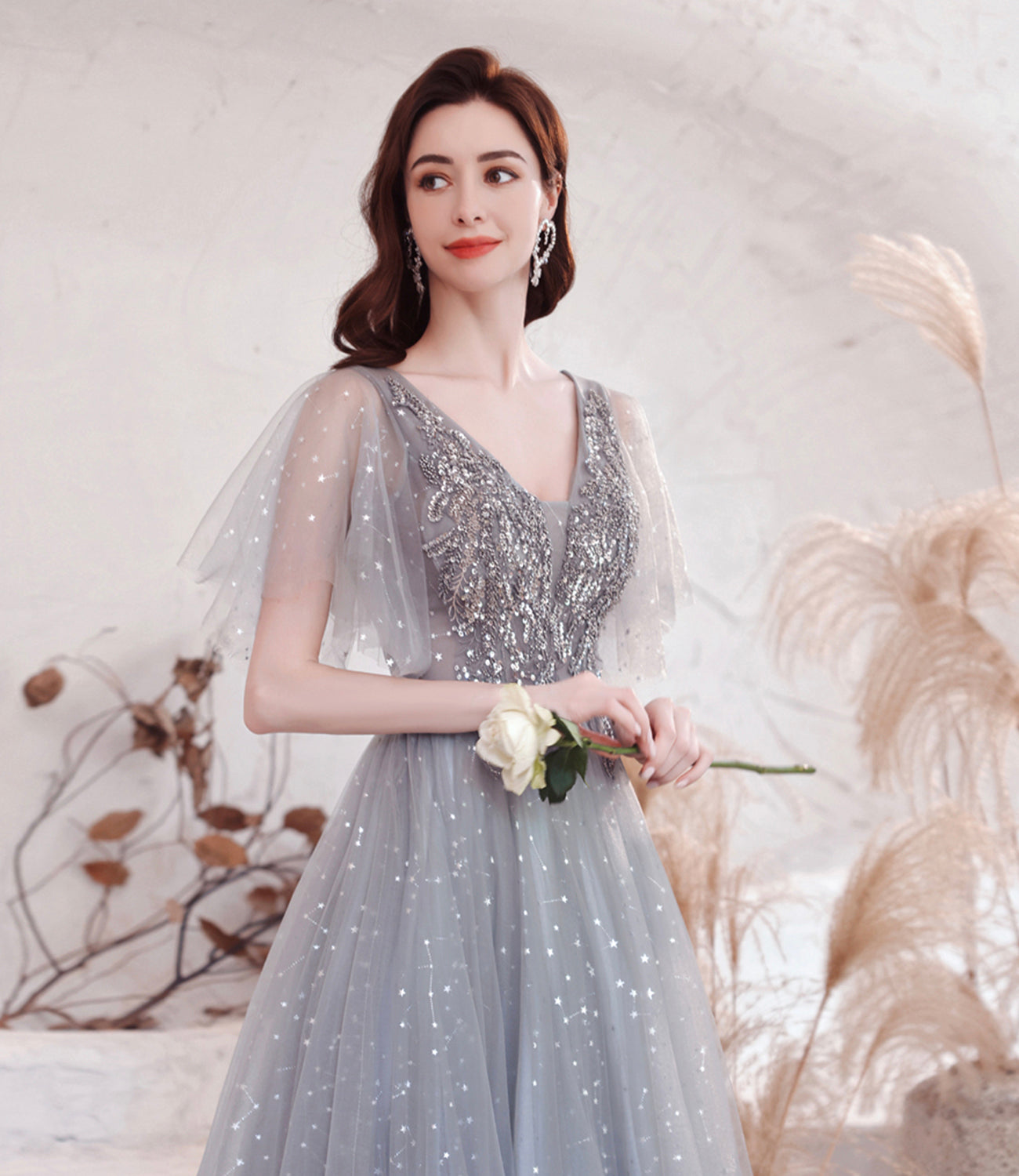 Gray tulle sequins long prom dress A line evening dress  10528
