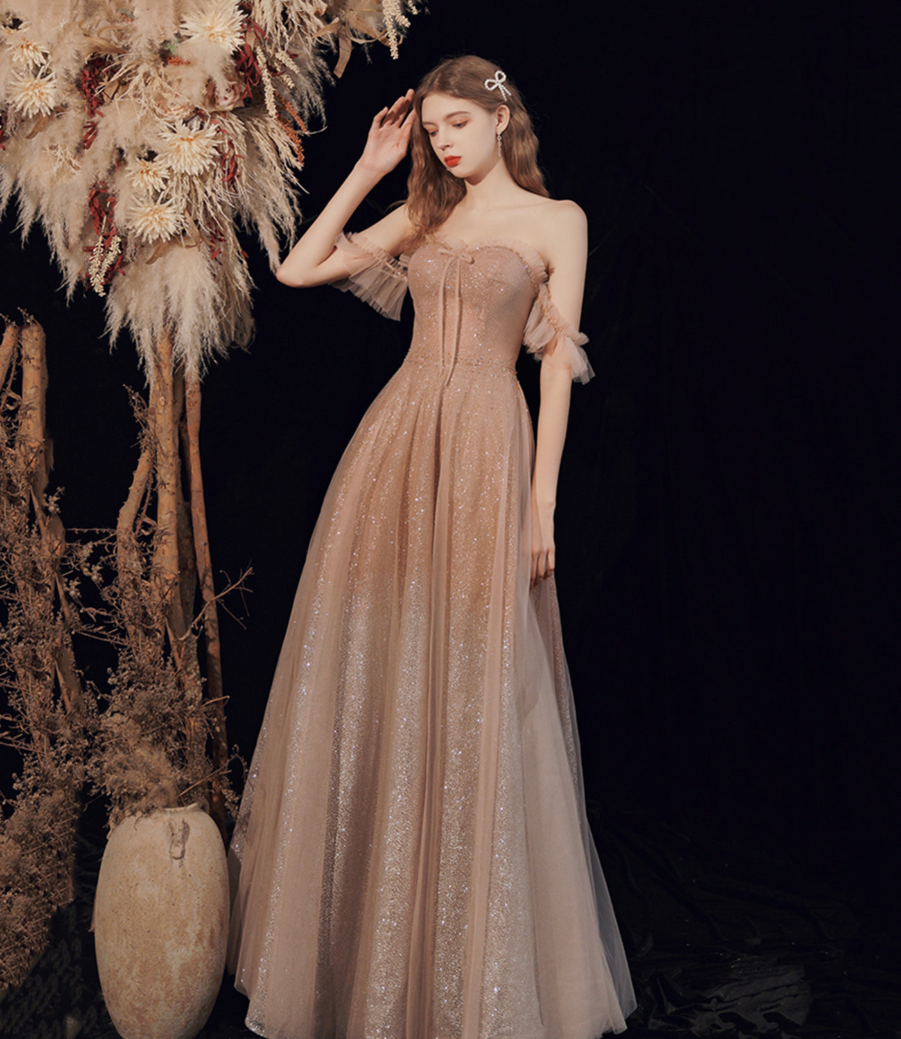 Shiny tulle sequins long prom dress A line evening dress  10378