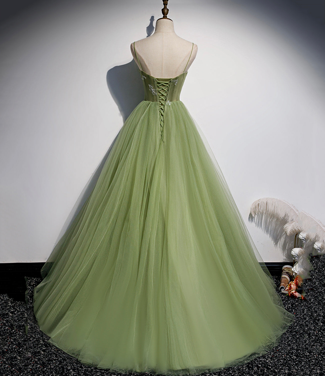 Green tulle long prom dress A line evening dress 10651