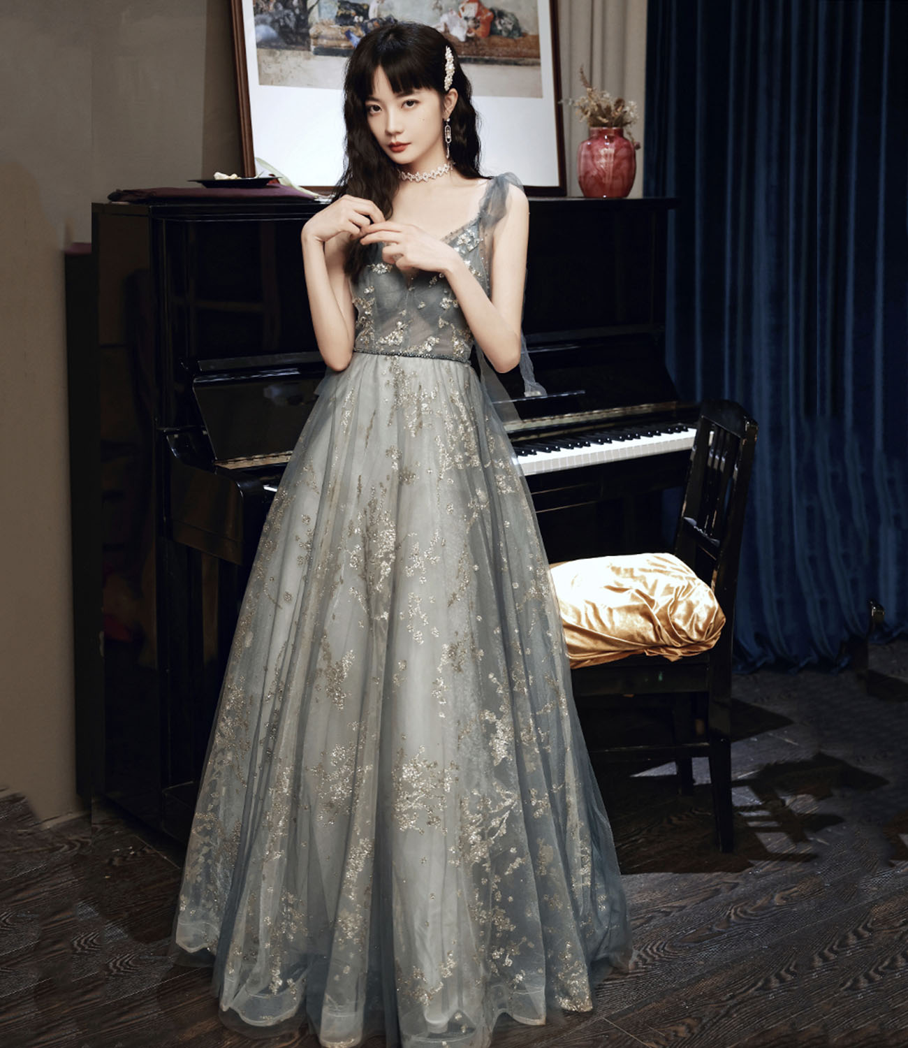 Gray tulle sequins A line prom dress gray evening dress  10433
