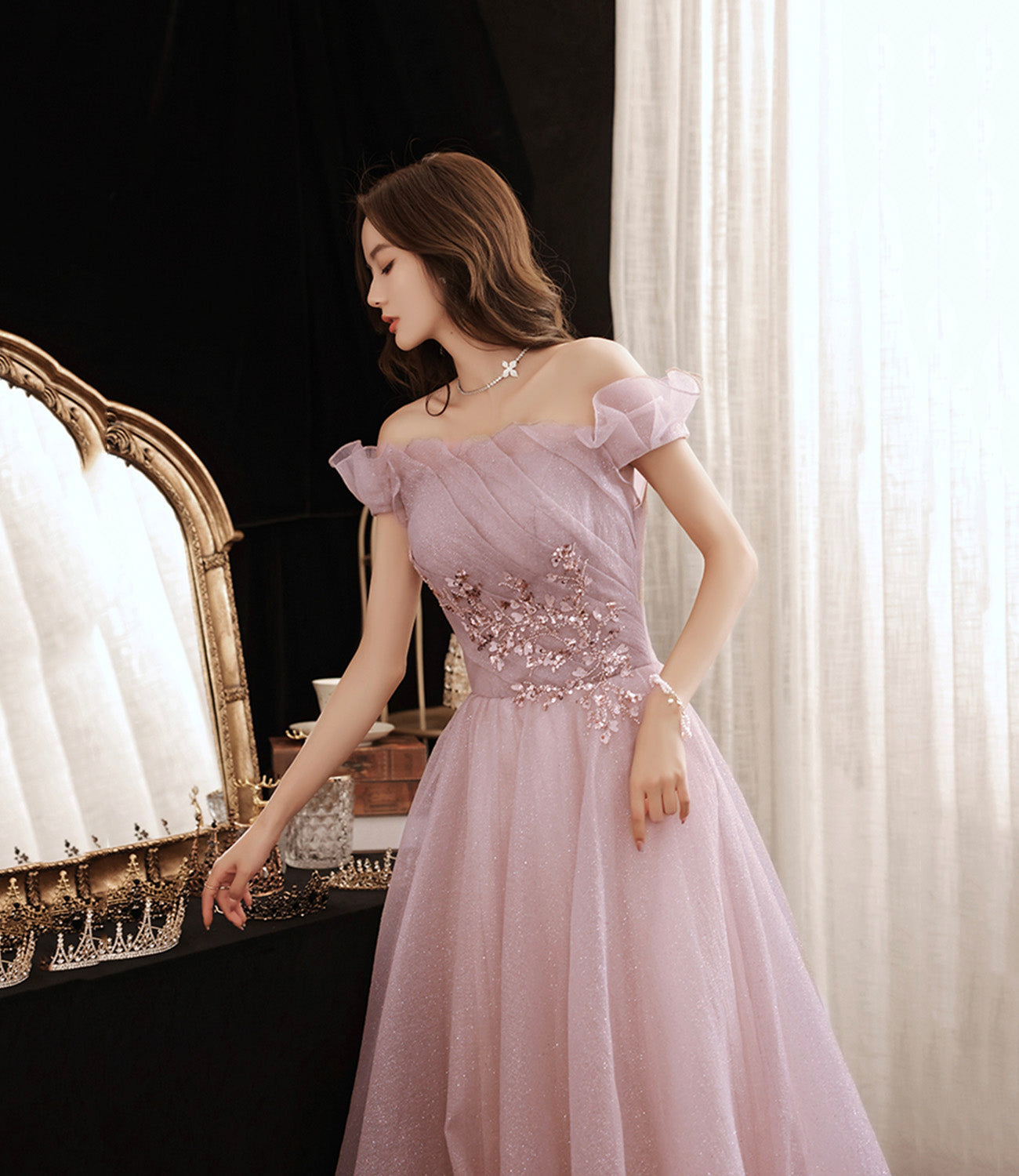 Pink tulle sequins long prom dress pink evening dress  10452