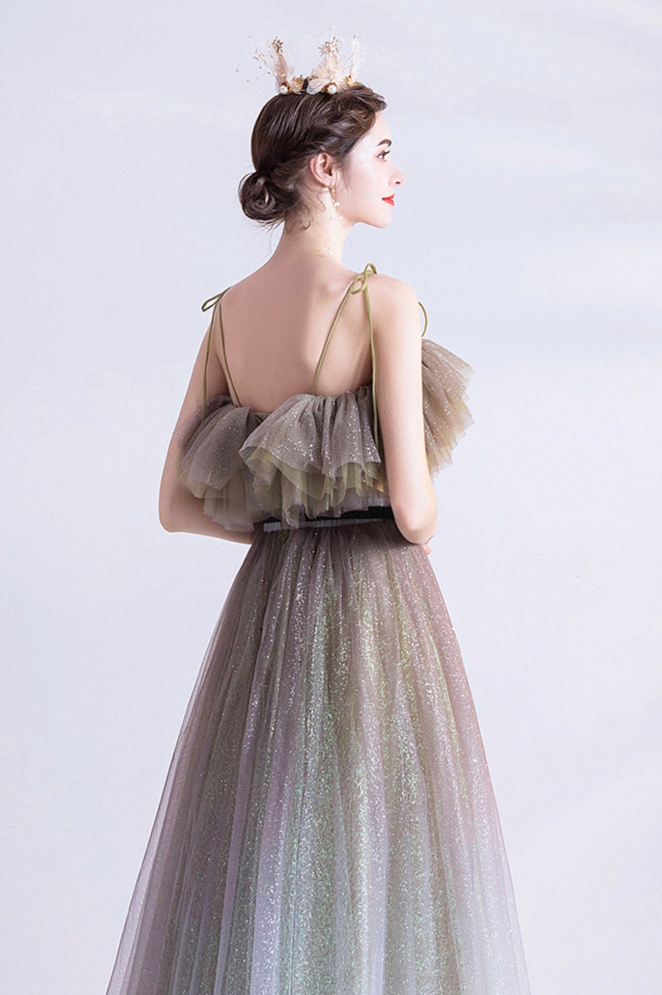 Gray green tulle sequins long prom dress evening dress  10616