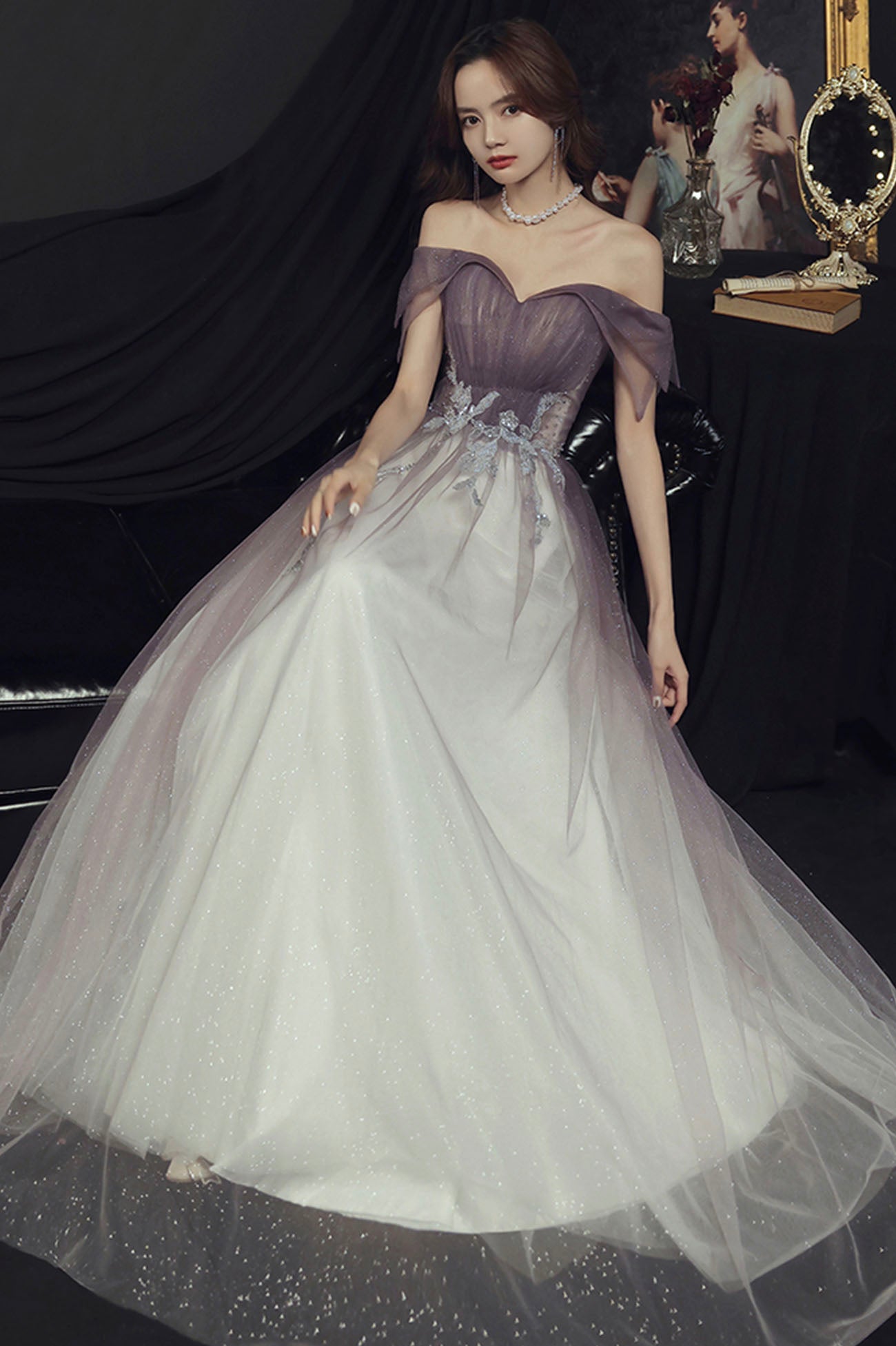 Purple tulle sequins long prom dress A line evening dress 10644