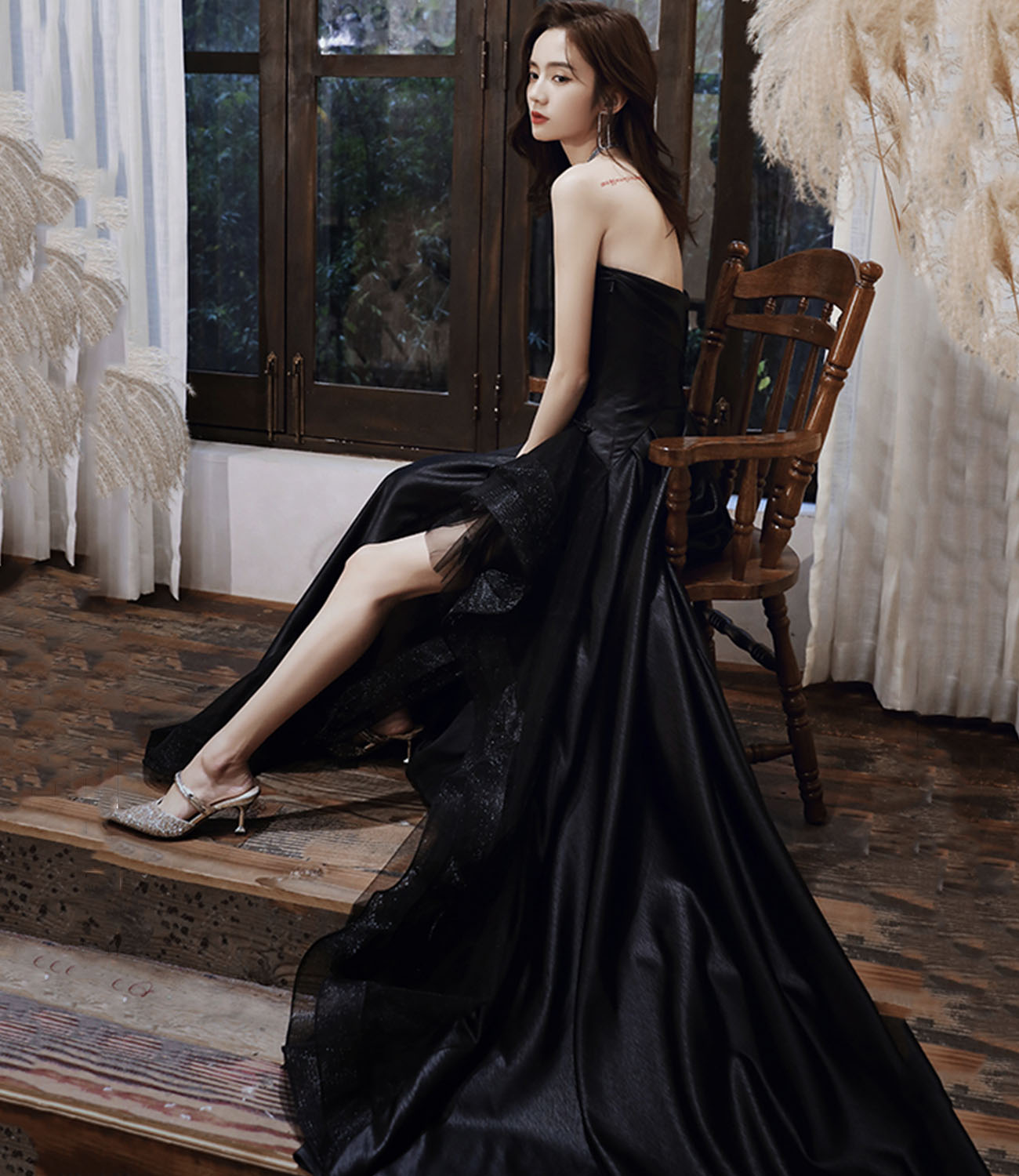 Black satin tulle high low prom dress evening dress 10443