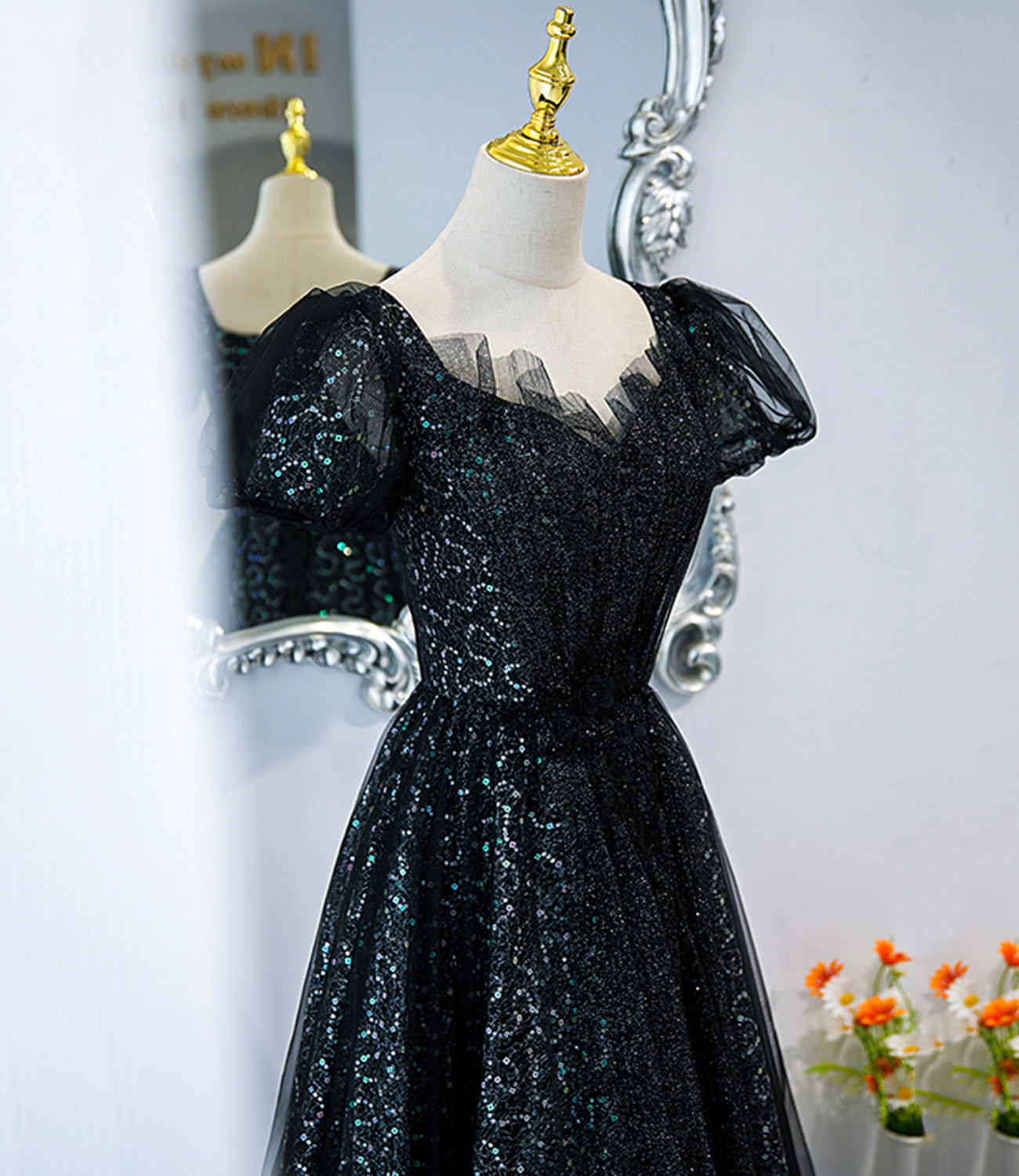Black tulle sequins long prom dress black evening dress 10467