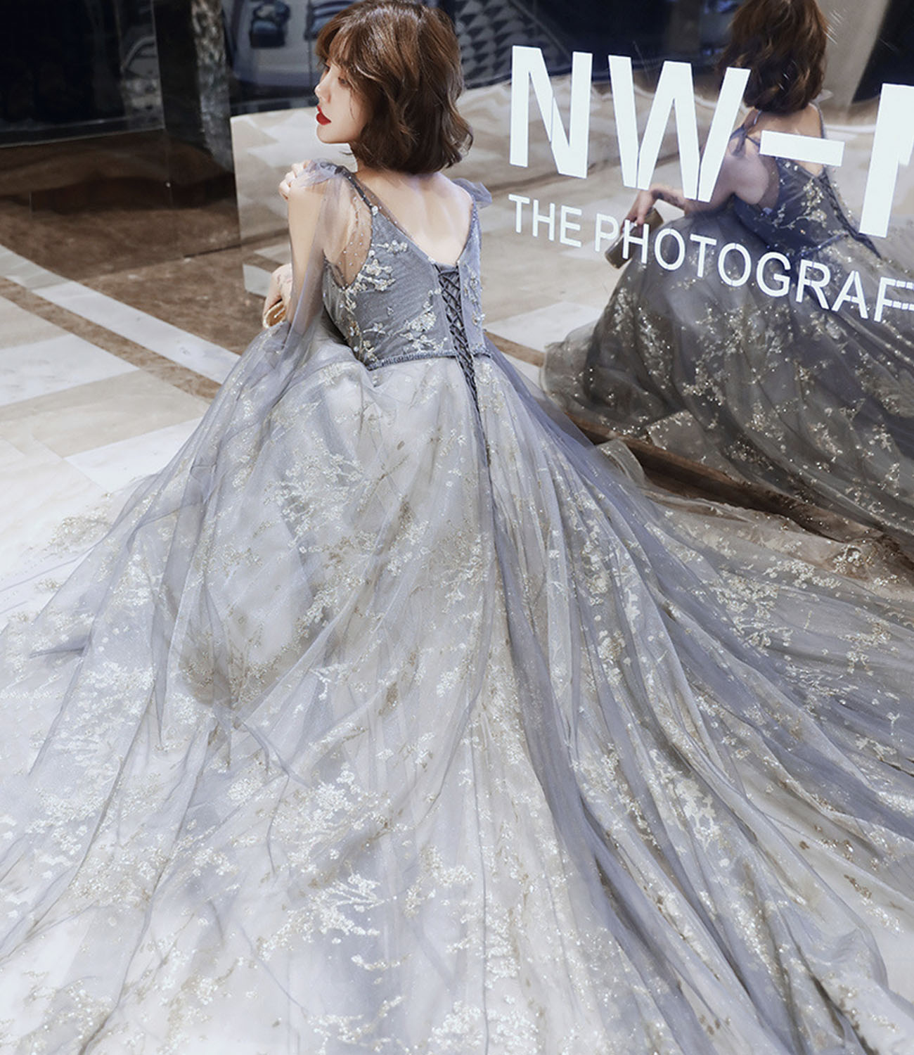 Gray tulle sequins long prom dress A line evening gown  10436